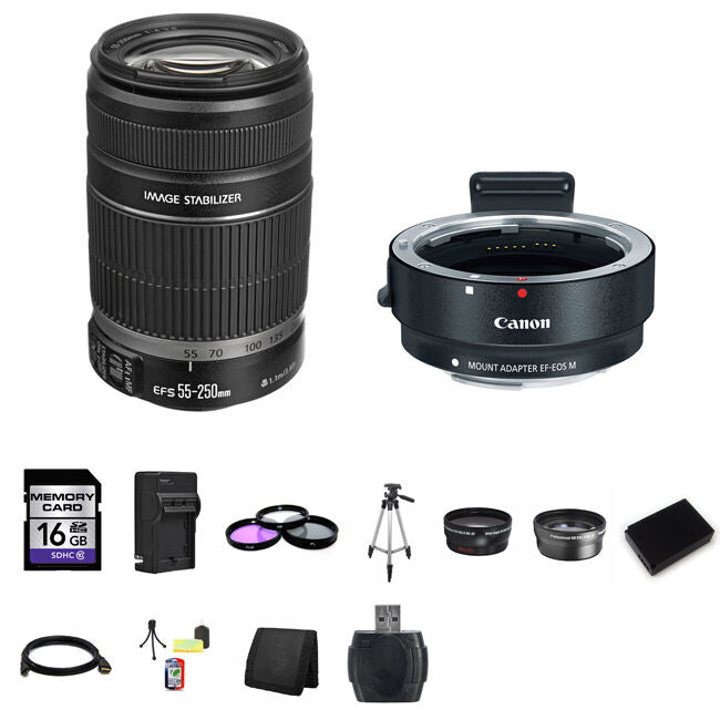 Canon EF-S 55-250mm Lens w/EF-M Adapter For EF/EF-S Lenses 16GB Package