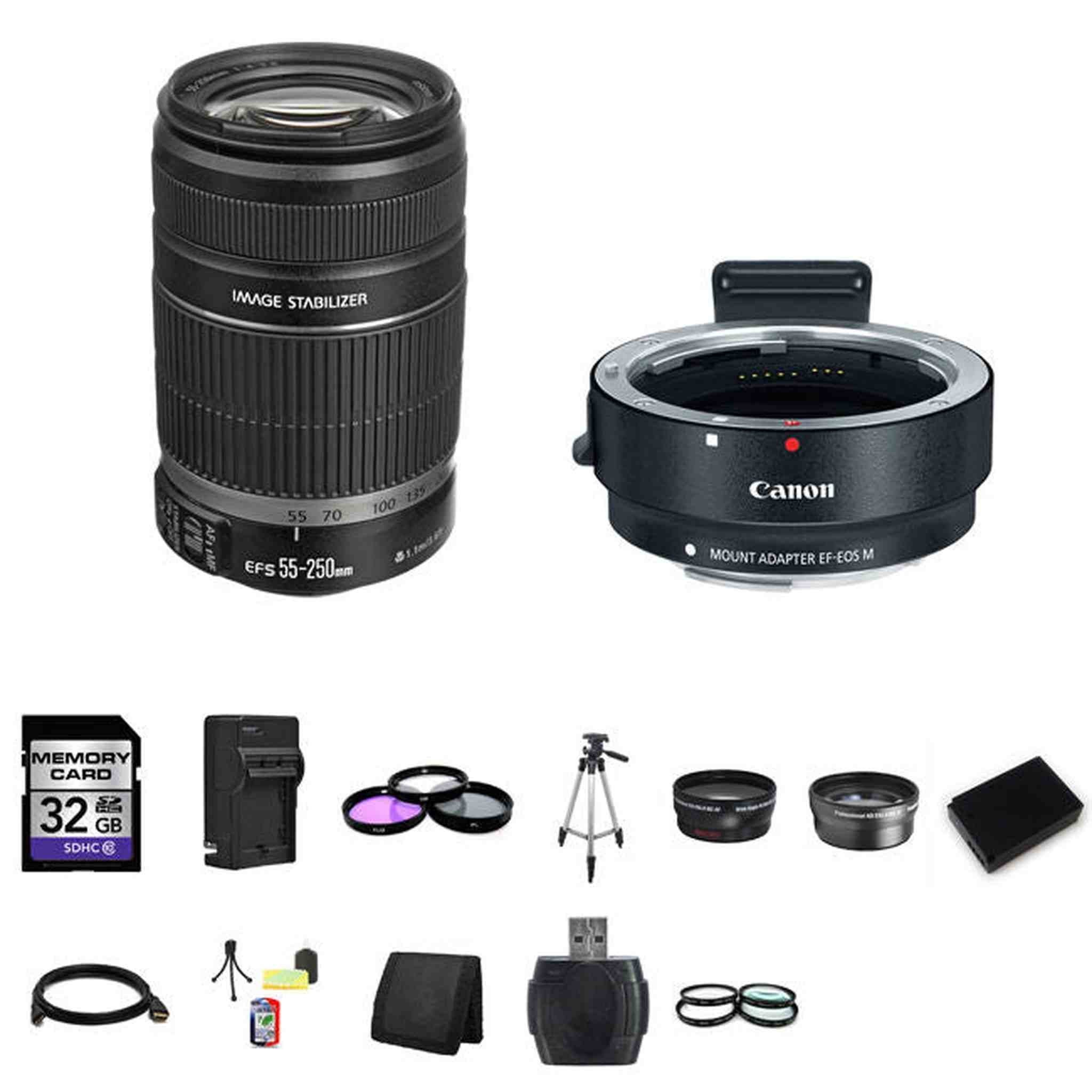 Canon EF-S 55-250mm Lens w/EF-M Adapter For EF/EF-S Lenses 16GB Package