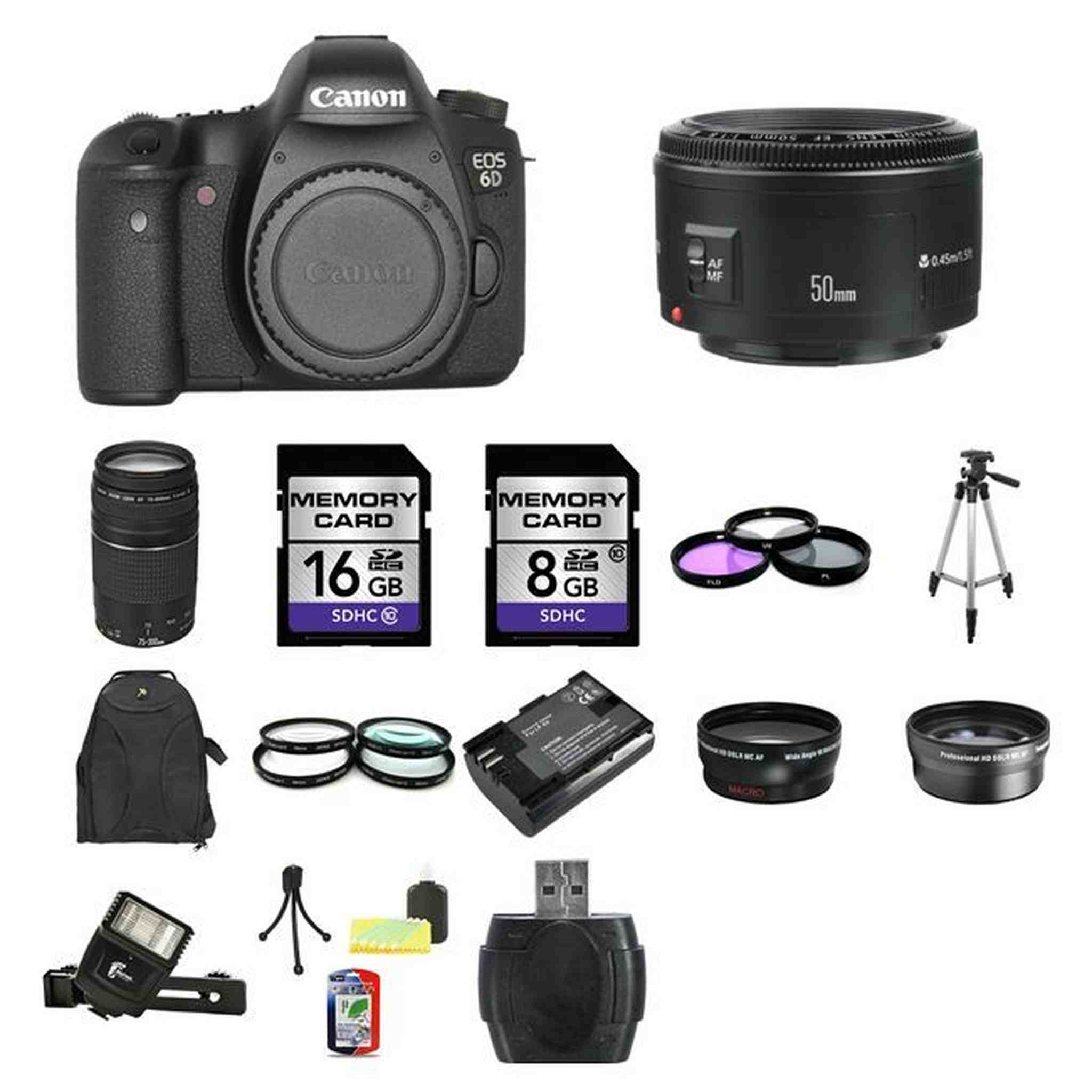 Canon EOS 6D DSLR Camera w/50mm & 75-300mm Lenses 24GB Full Kit Canon