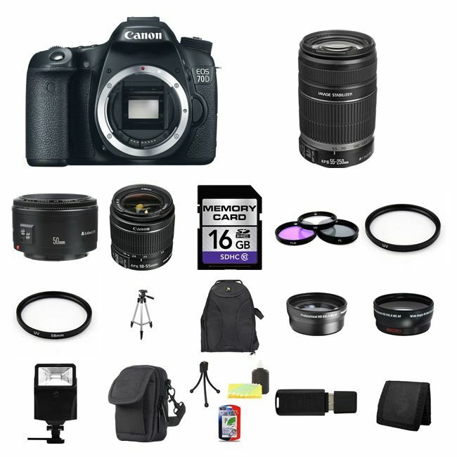 Canon EOS 70D Digital SLR Camera w/18-55,75-300 & 50mm Lenses, 32GB Complete Kit