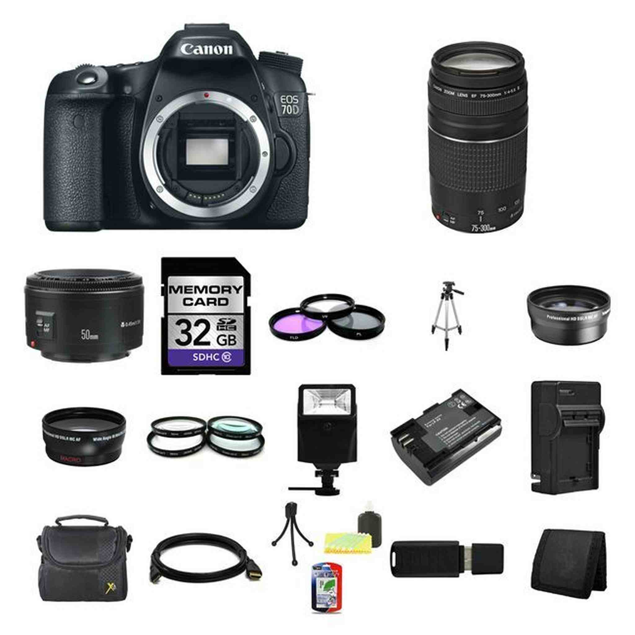 Canon EOS 70D DSLR Camera w/75-300mm & 50mm Lenses 32GB Full Kit Canon