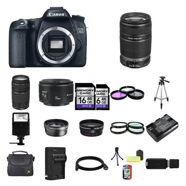 Canon EOS 70D DSLR Camera w/55-250mm 75-300mm & 50mm Lenses 32GB Full Kit