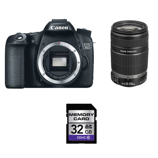 Canon EOS 70D DSLR Camera w/55-250mm Lens & 32GB SDHC Card