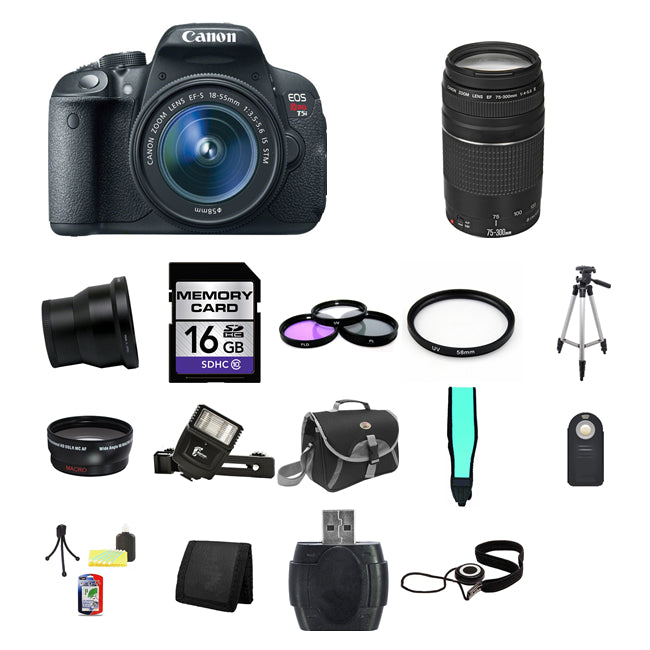 Canon EOS Rebel T5i SLR Digital Camera w/18-55mm & 75-300mm Lenses 16GB Full Kit
