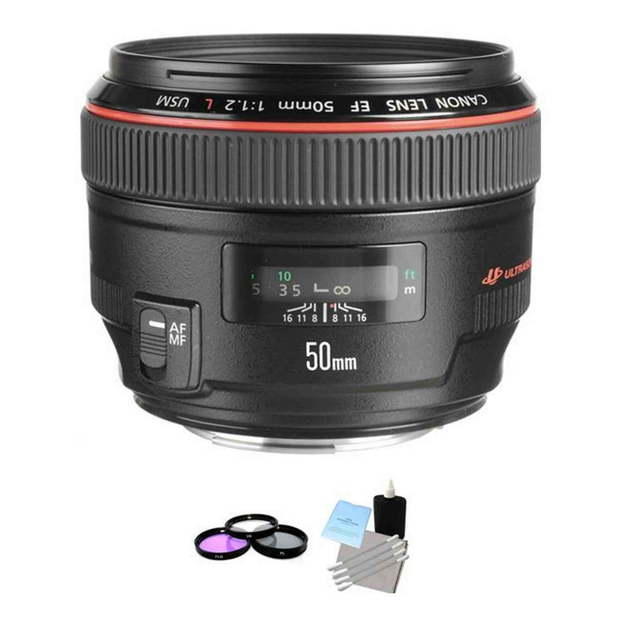 Canon EF 50 mm F/1.2 L USM Lens + 3 Piece Filter Kit, Lens Cleaning Kit System Bundle