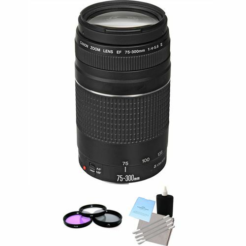 Canon EF 75-300mm F/4.0-5.6 III Lens + 3 Piece Filter Kit & Lens Cleaning Kit Bundle