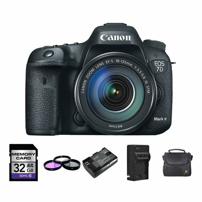 Canon EOS 7D Mark II DSLR Camera w/18-135mm + 2 Batteries, 32GB, Flash Bundle