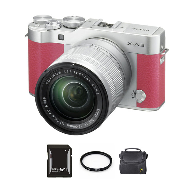 Fujifilm X-A3 Camera w/ 16-50mm Lens (Pink) + 64GB card + 58MM UV Filter + Case