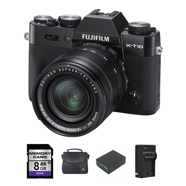 Fujifilm X-T10 Digital Camera w/18-55mm Lens - Black + 2 Batteries, 8GB & More