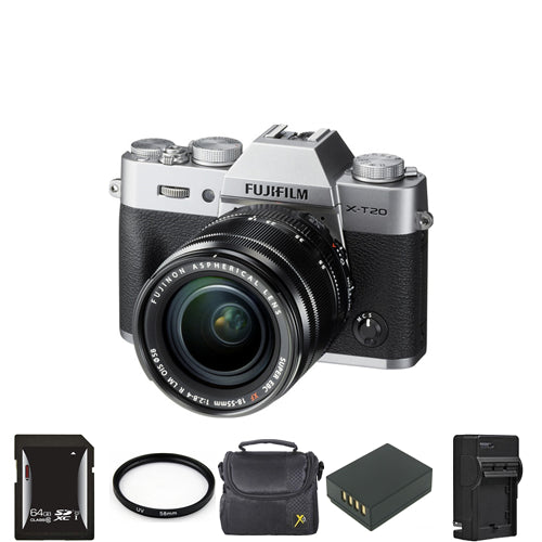Fujifilm X-T20 Digital Camera - Silver w/18-55mm Lens + 2 Batteries, 64GB & More