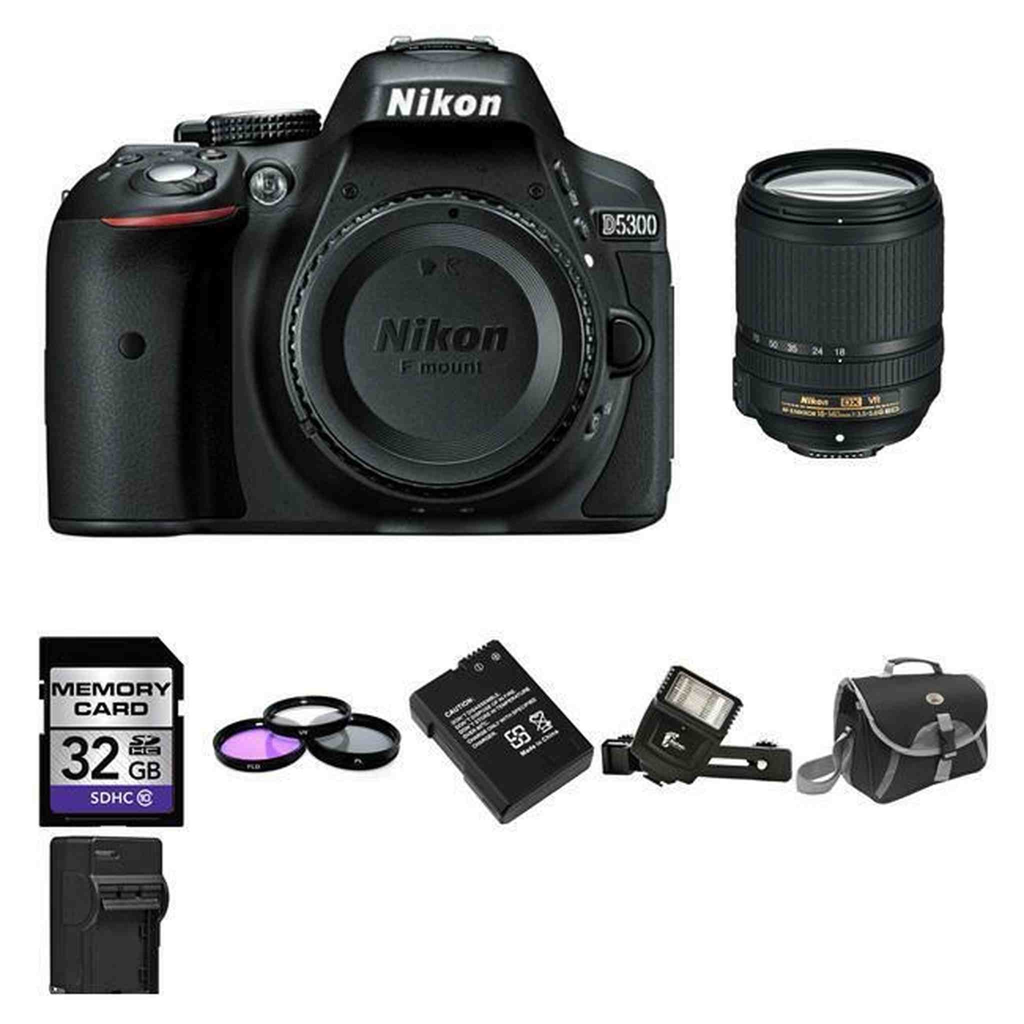 Nikon D5300 SLR Camera w/18-140mm Lens - Black + 2 Batteries, 32GB, Flash & More Nikon