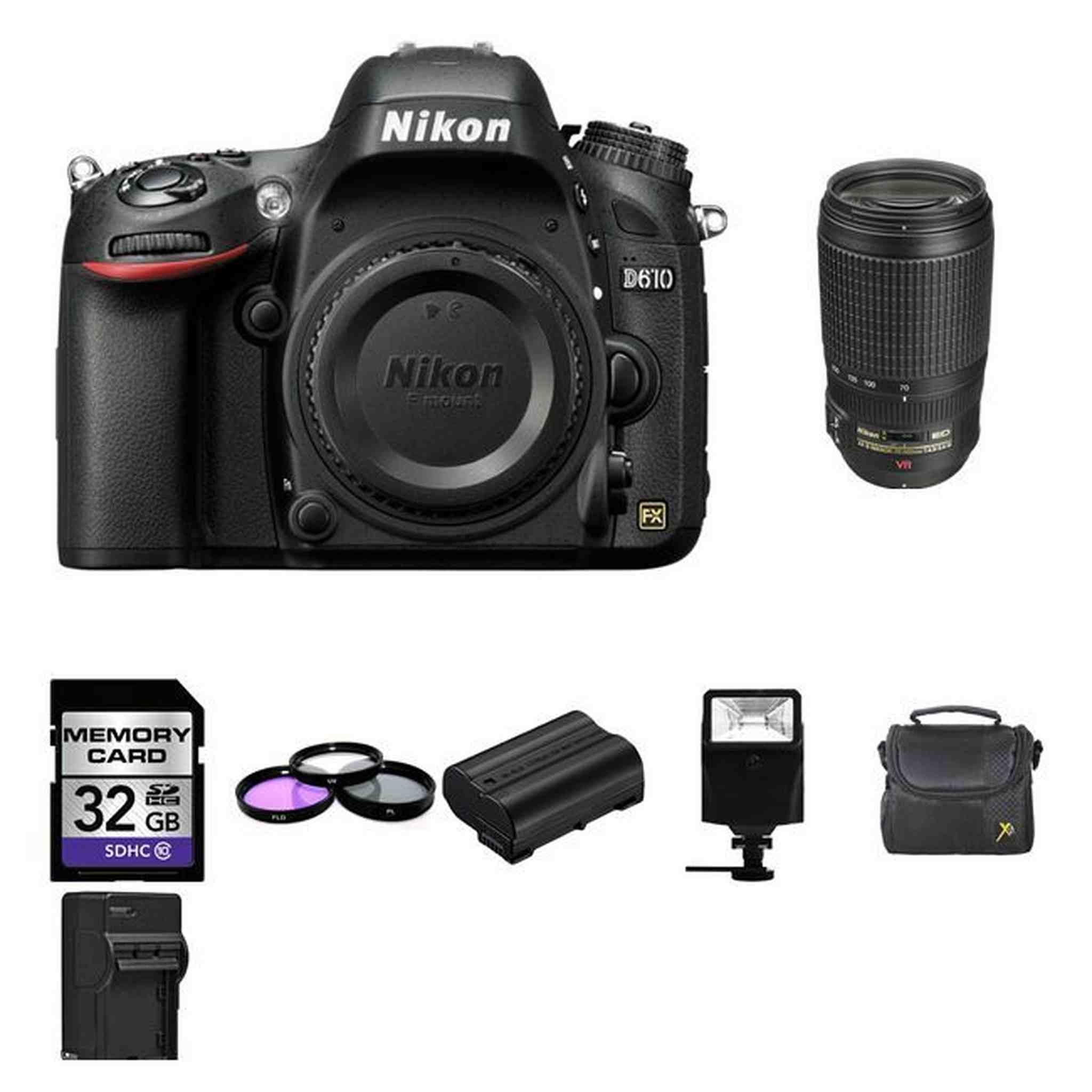 Nikon D610 Digital SLR Camera w/70-300mm Lens + 2 Batteries, 16GB, Flash & More