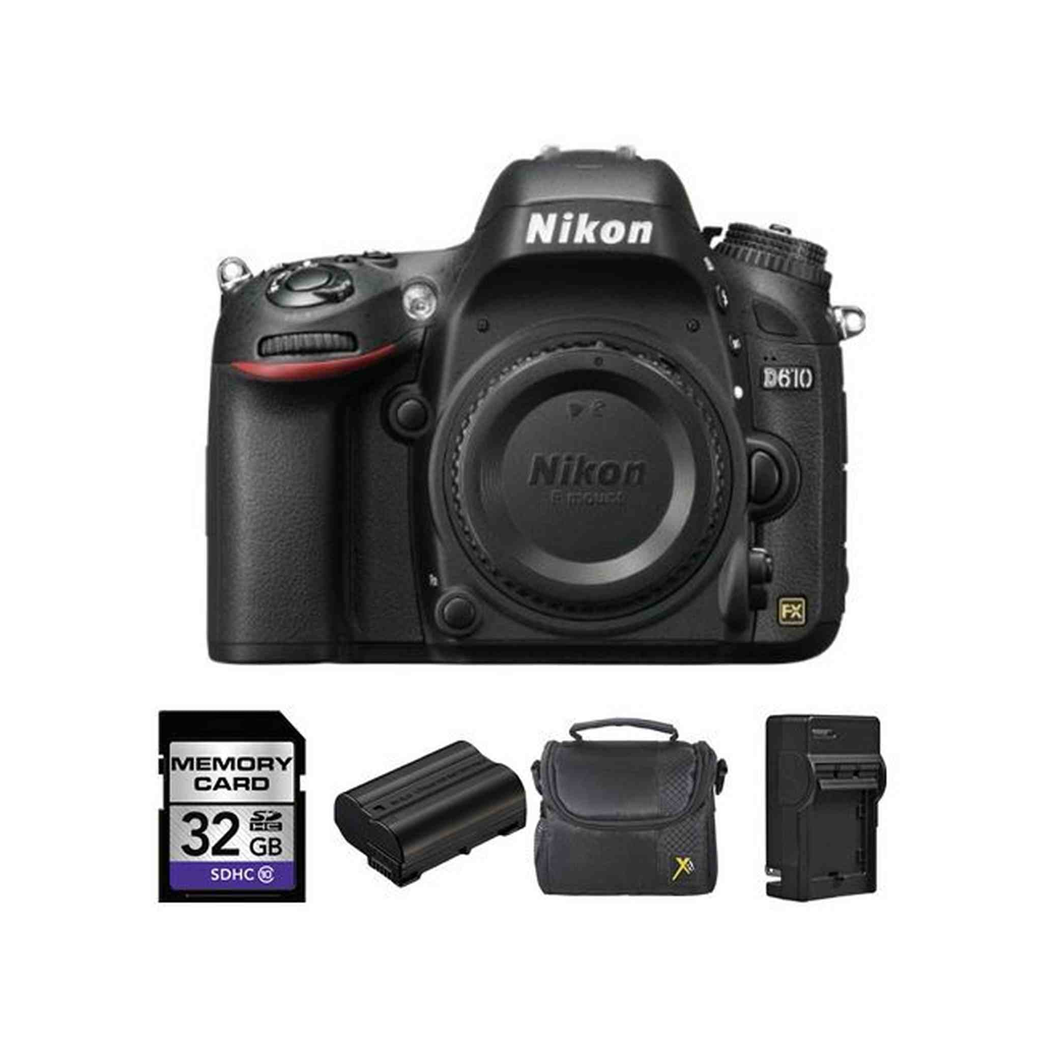 Nikon D610 Digital SLR Camera Body + 2 Batteries, 32GB Bundle