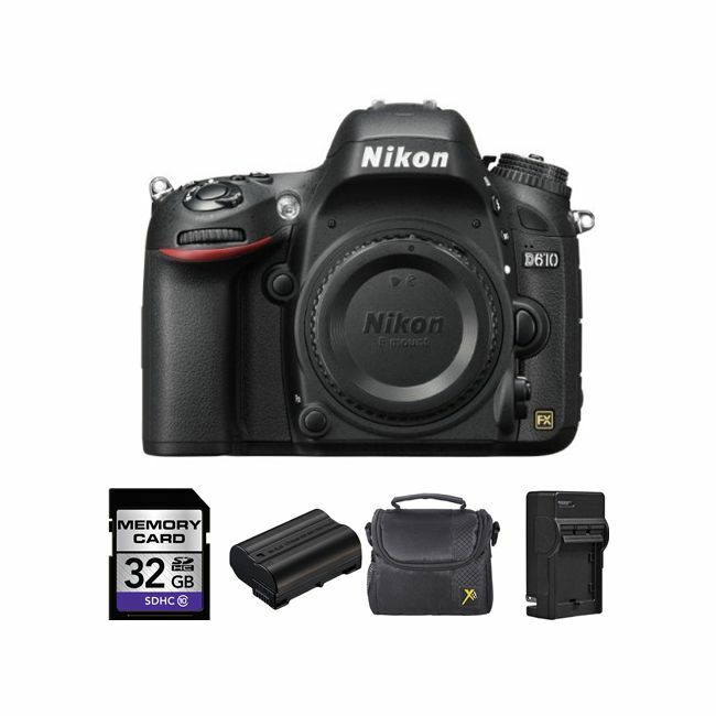 Nikon D610 Digital SLR Camera Body + 2 Batteries, 32GB Bundle
