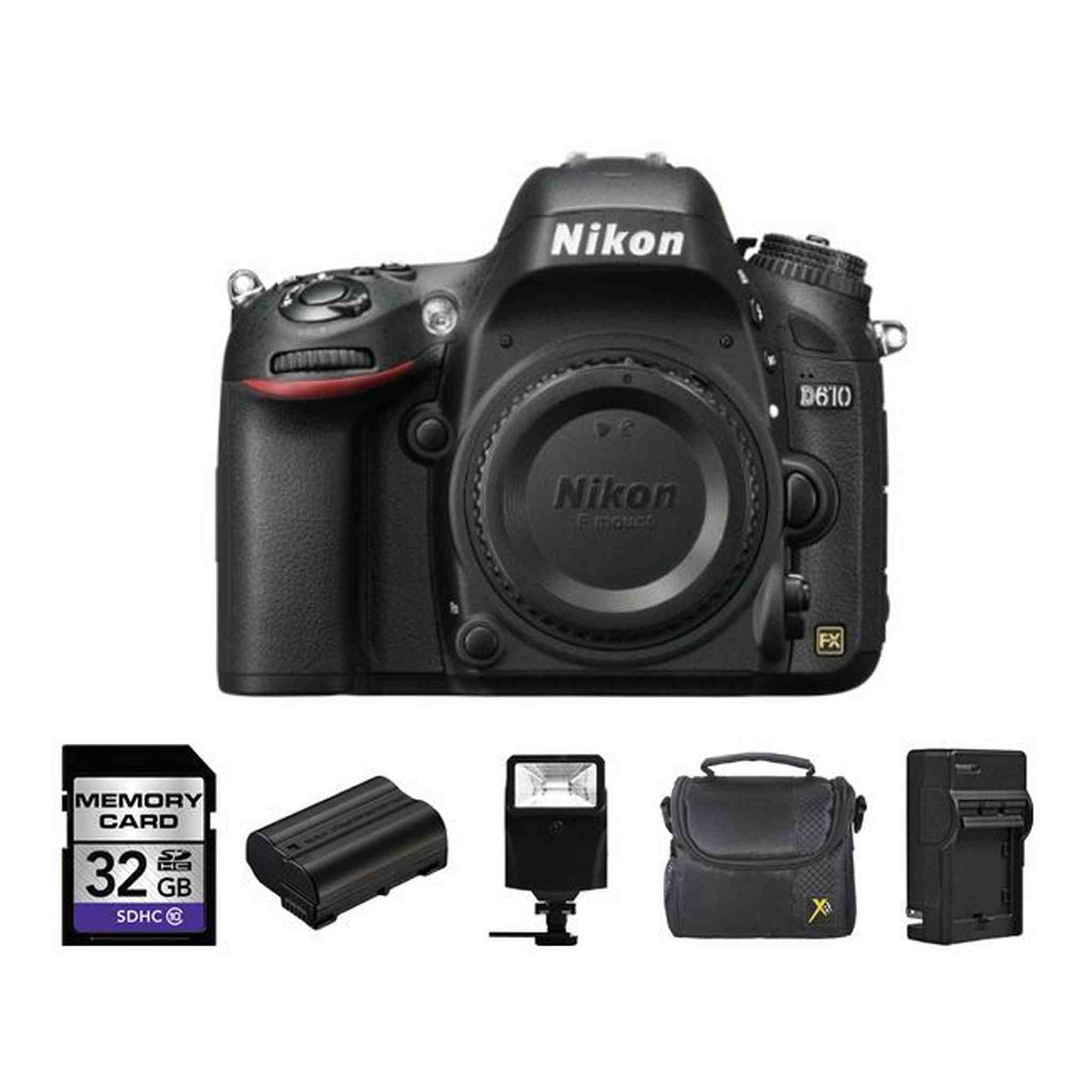 Nikon D610 Digital SLR Camera Body + 2 Batteries, 32GB, Flash & More