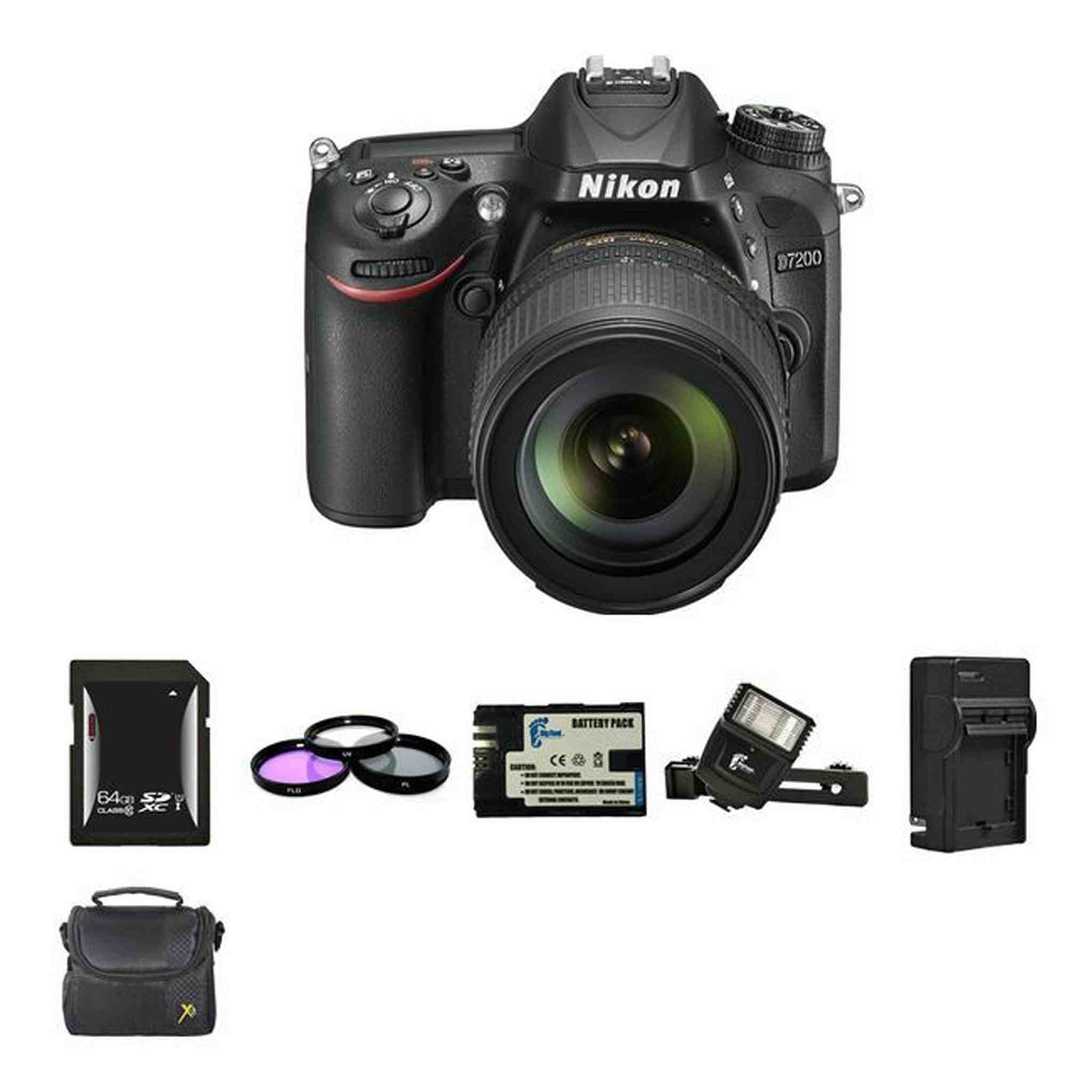 Nikon D7200 DSLR Camera w/18-105mm Lens + 2 Batteries, 64GB, Flash Bundle Nikon