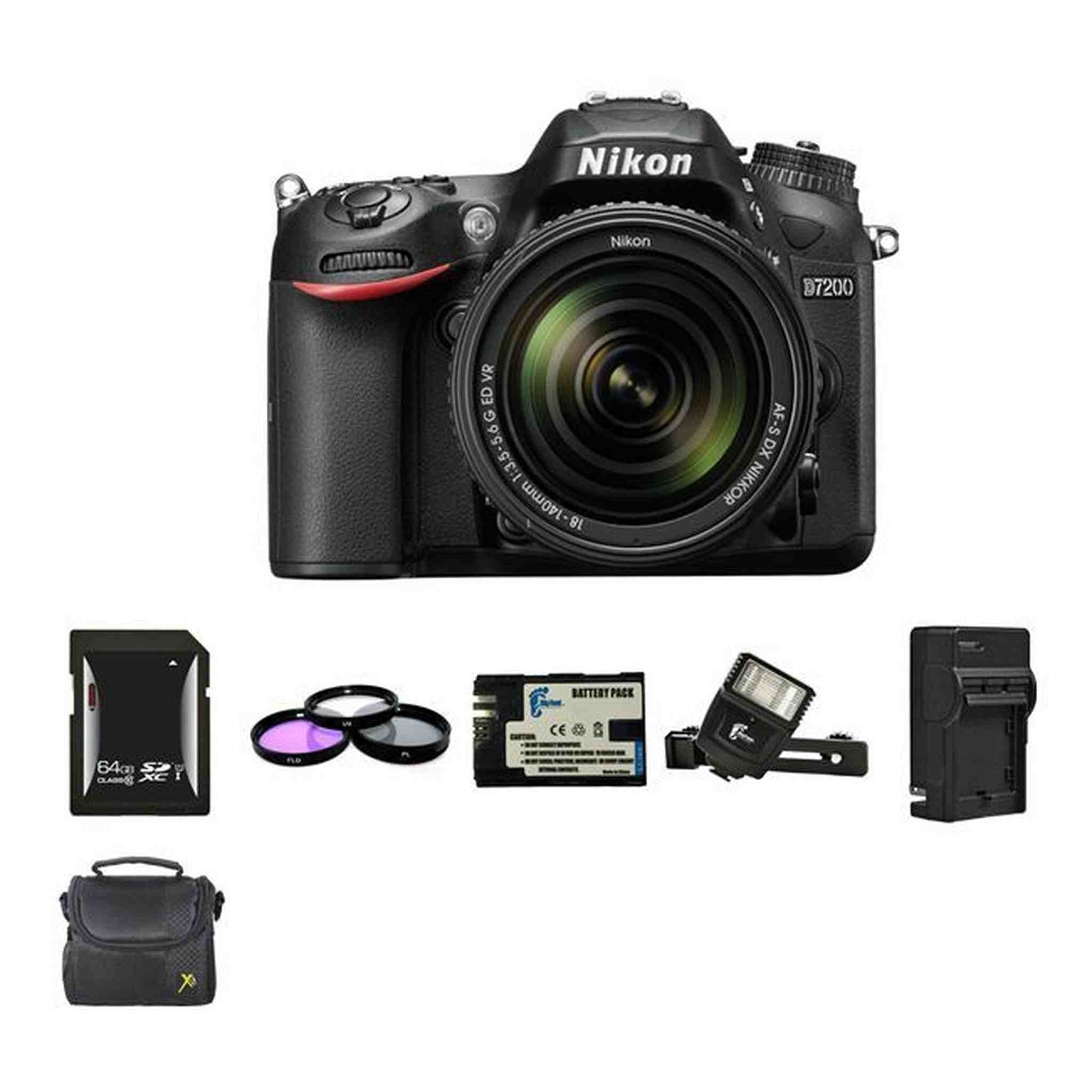 Nikon D7200 Digital SLR Camera w/18-140mm Lens + 2 Batteries, 64GB, Flash Bundle
