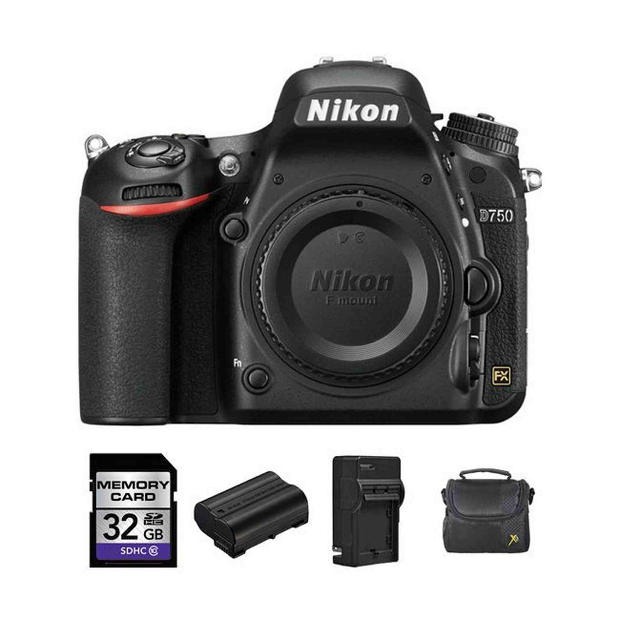 Nikon D750 DSLR Camera Body Only + 2 Batteries, 32GB Bundle