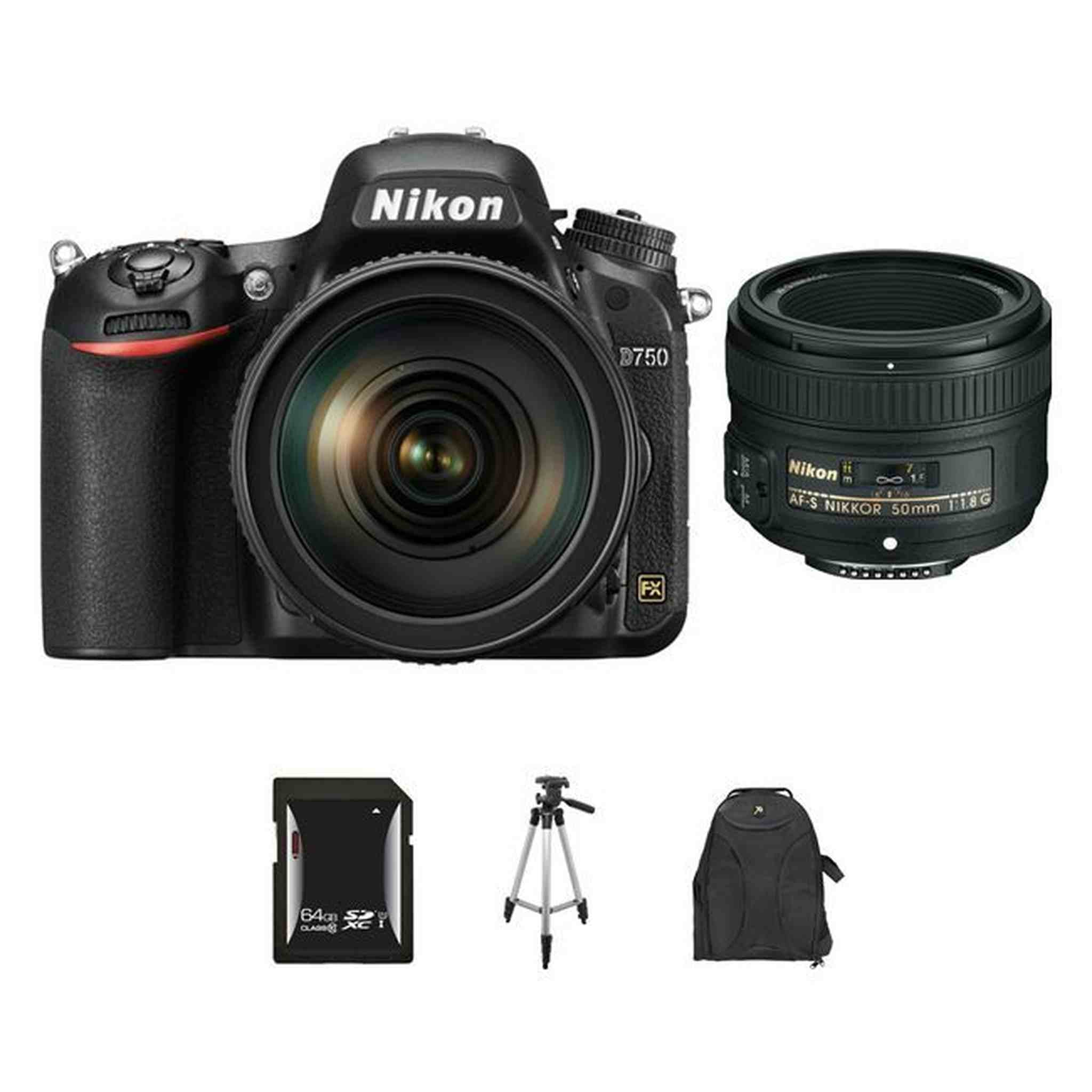Nikon D750 DSLR Camera w/24-120mm & 50mm Lenses 64GB Bundle