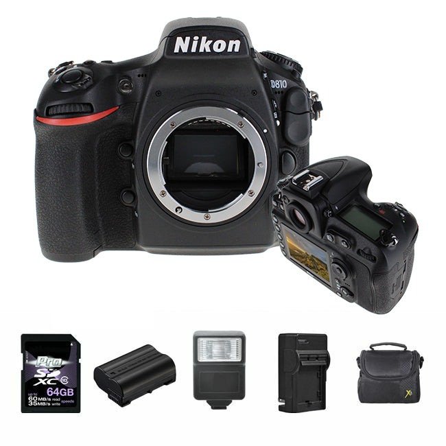 Nikon D810 DSLR Camera + 2 Batteries, 64GB, Flash Bundle