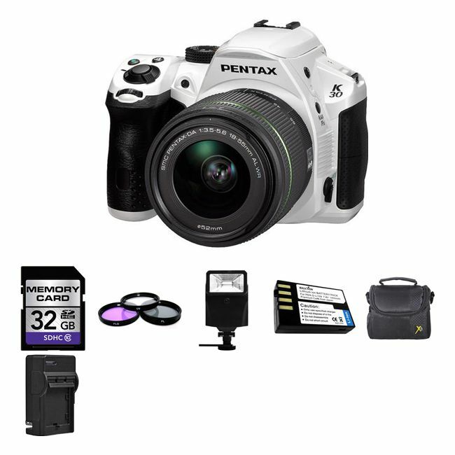 Pentax K-30 Digital Camera - White w/18-55mm + 2 Batteries, 32GB, Flash & More