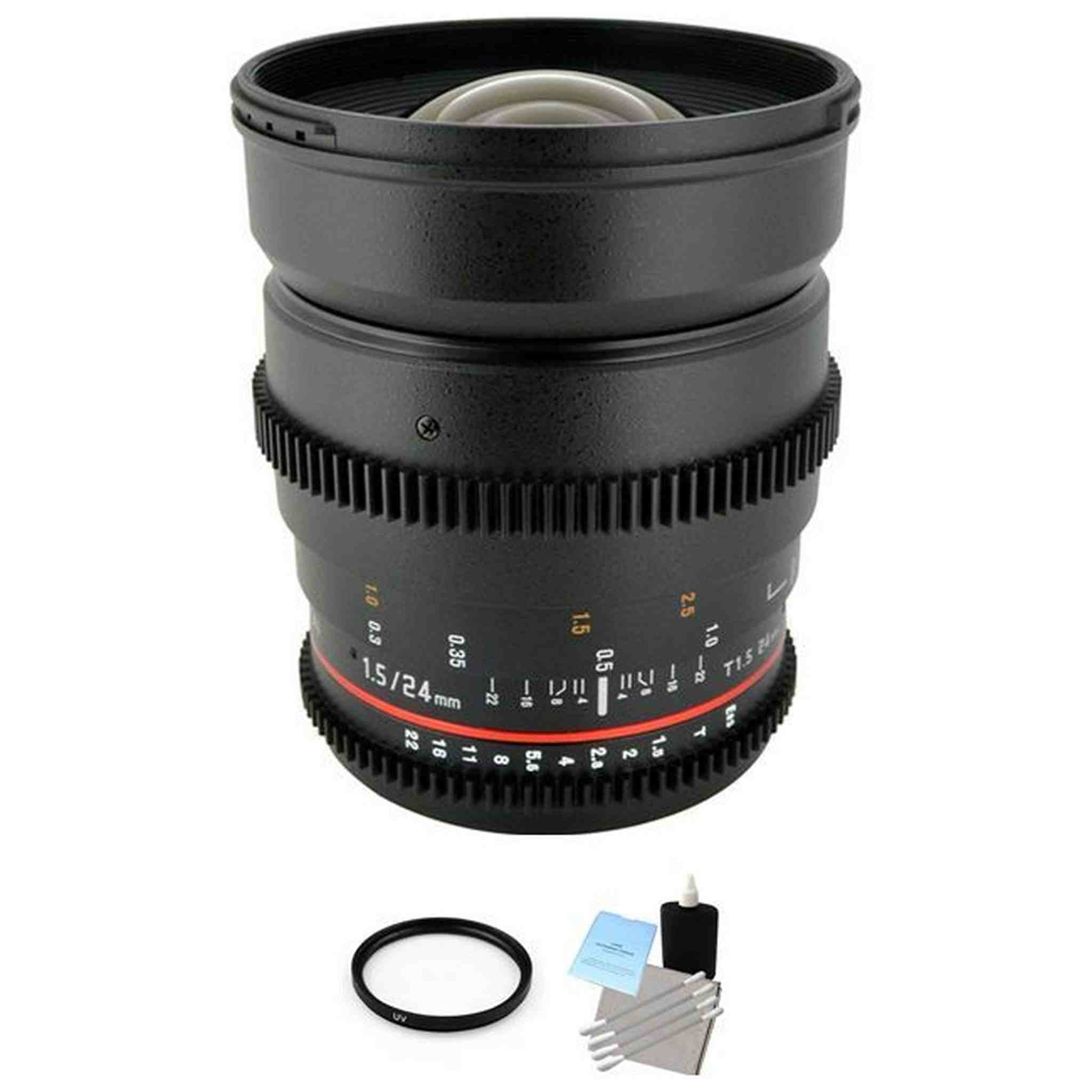 Rokinon 24mm T1.5 Cine Lens for Nikon + UV Filter & Cleaning Kit Bundle