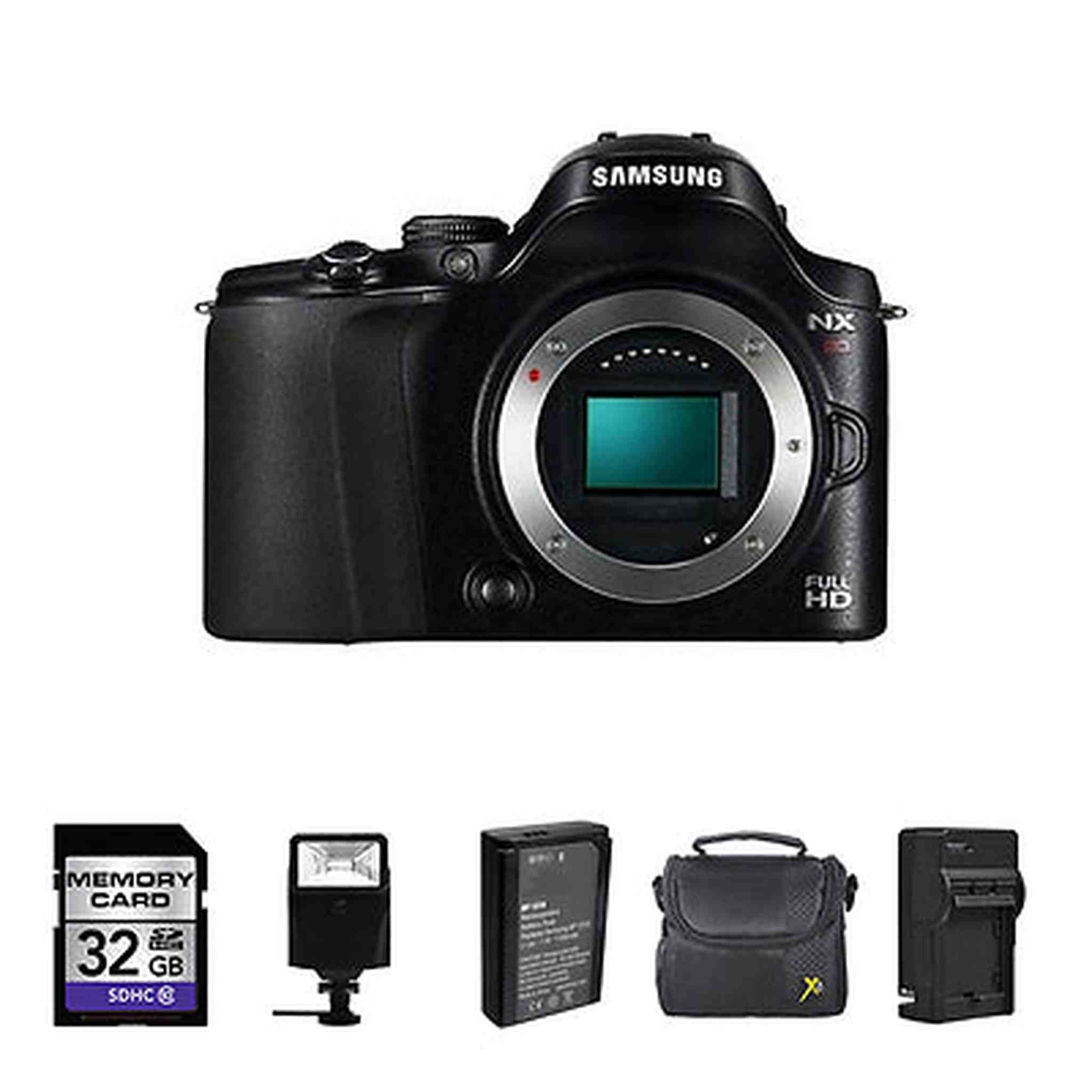 Samsung NX20 Digital Camera - Black Body + 2 Batteries, 32GB, Flash Starter Bundle