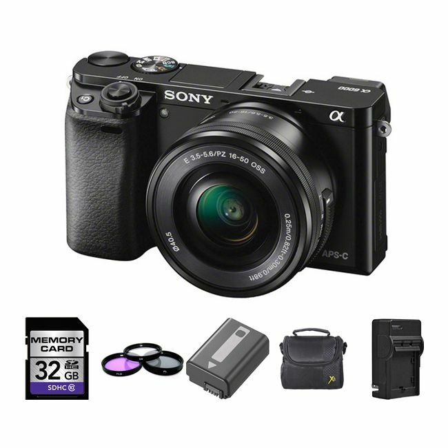 Sony A6000 Digital Camera w/16-50mm Lens - Black + 2 Batteries, 32GB Bundle