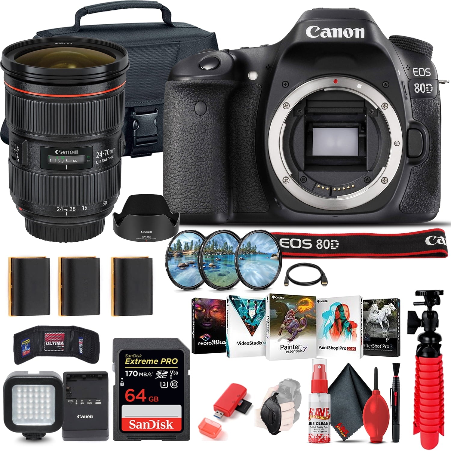 Canon EOS 80D DSLR Camera Body Only 1263C004 + Canon EF 24-70mm Lens + 64GB Ultimate Bundle