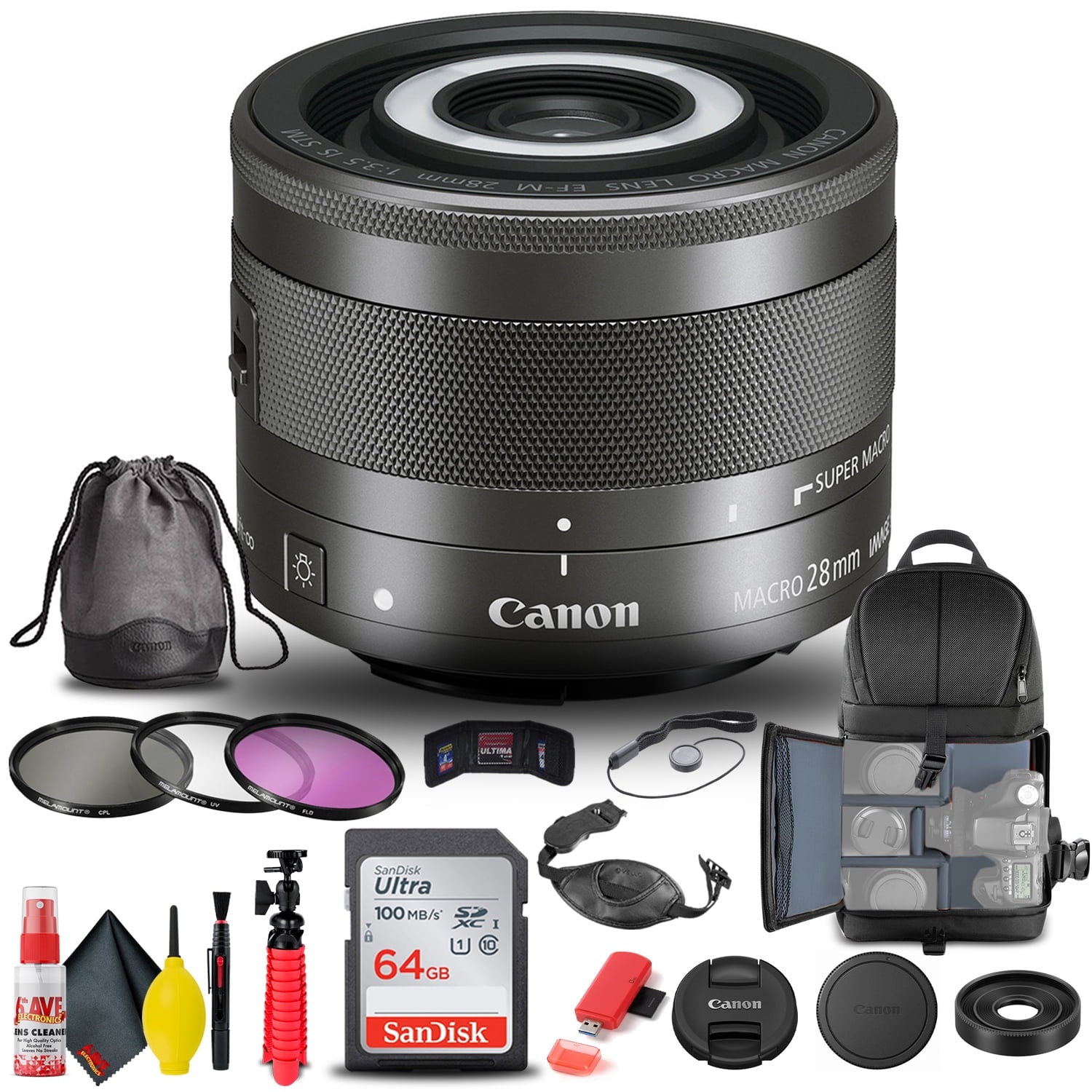 Canon EF-M 28mm f/3.5 Macro IS STM Lens 1362C002 + Filter + BackPack + More