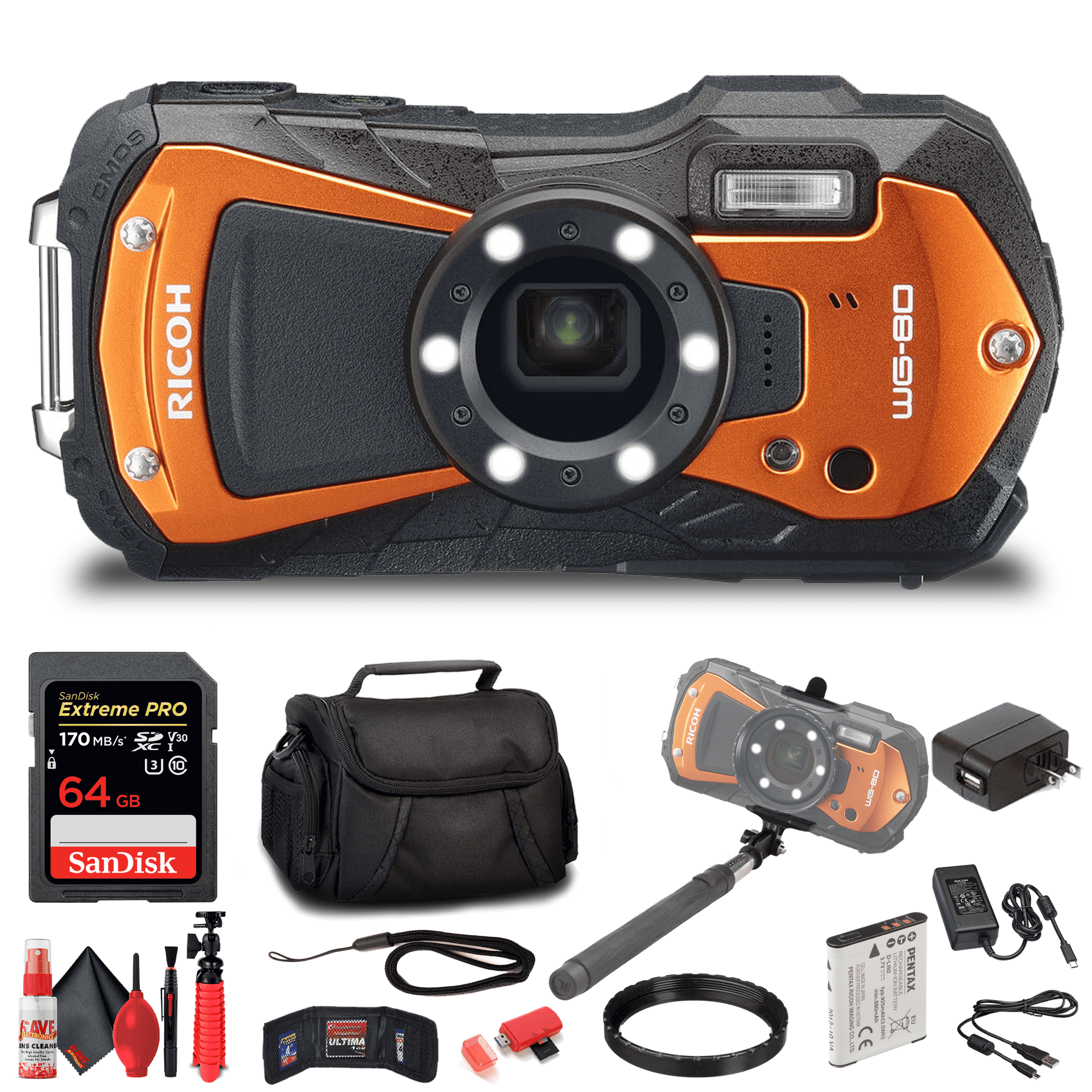 Ricoh WG-80 Waterproof Digital Camera (Orange) with Accessories