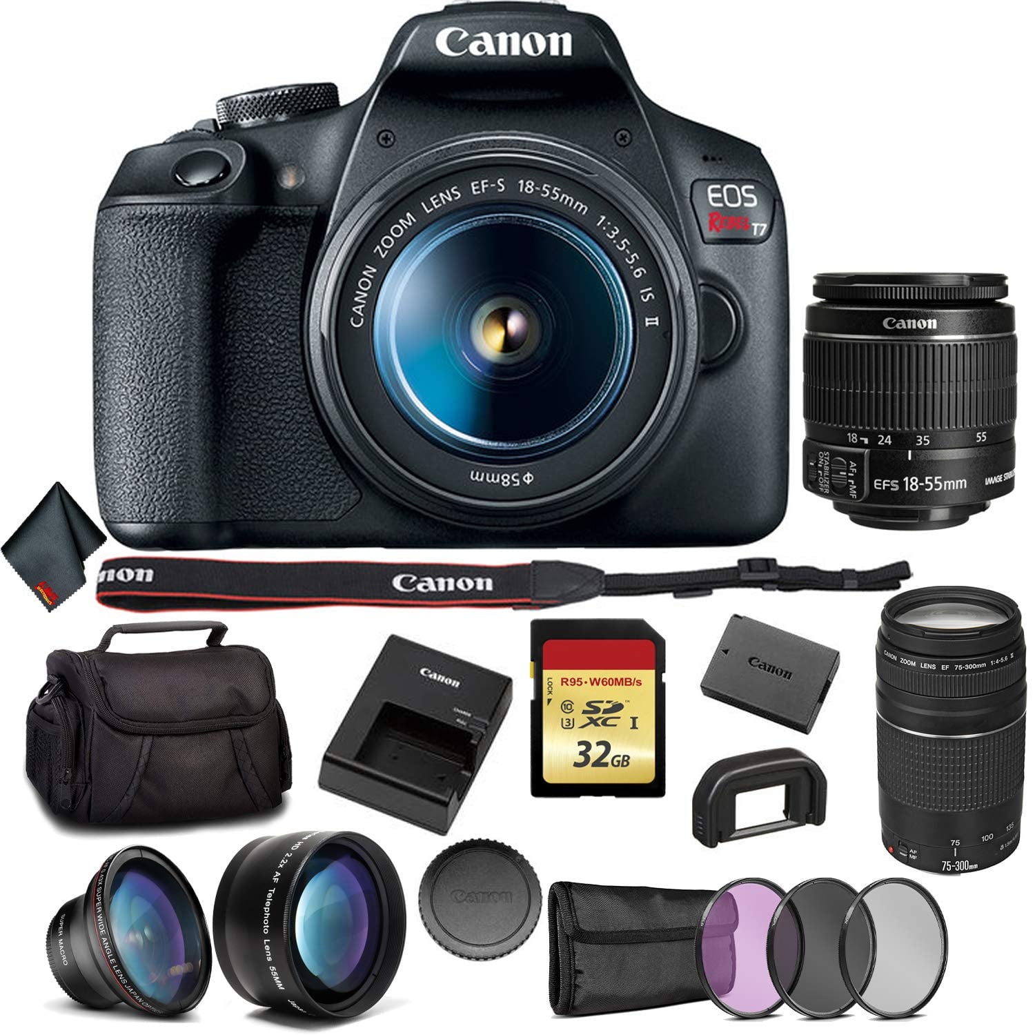 Canon EOS Rebel T7 DSLR Camera Bundle with 2 Lenses 18-55 + 75-300mm Lens + 32GB Memory Card + 3pc Filter Kit + Angle