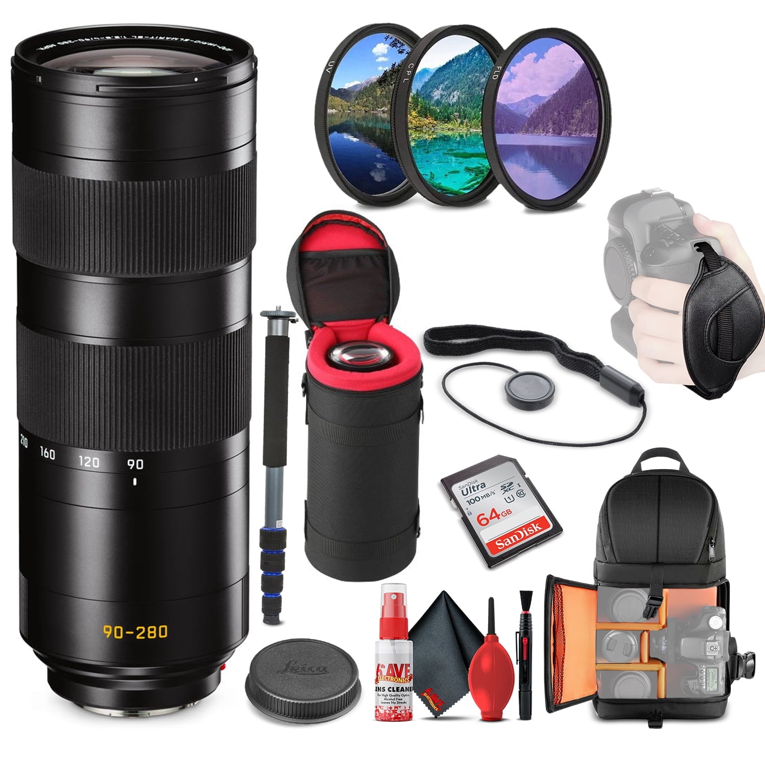 Leica APO-Vario-Elmarit-SL 90-280mm f/2.8-4 Lens 11175 + 64GB Memory Card + Padded Case + Filters + BackPack + Full Size Monopod Bundle