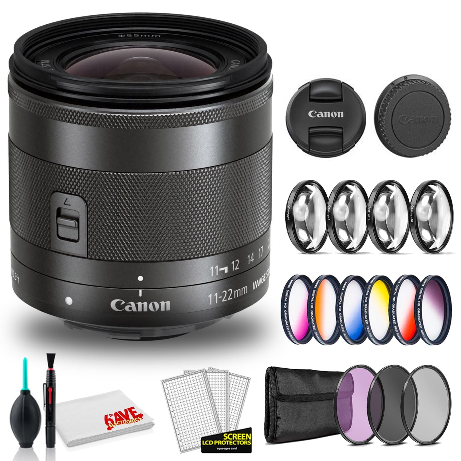Canon EF-M 11-22mm f/4-5.6 IS STM Lens International Model with Cleaning Kit and Filter Kits Bundle