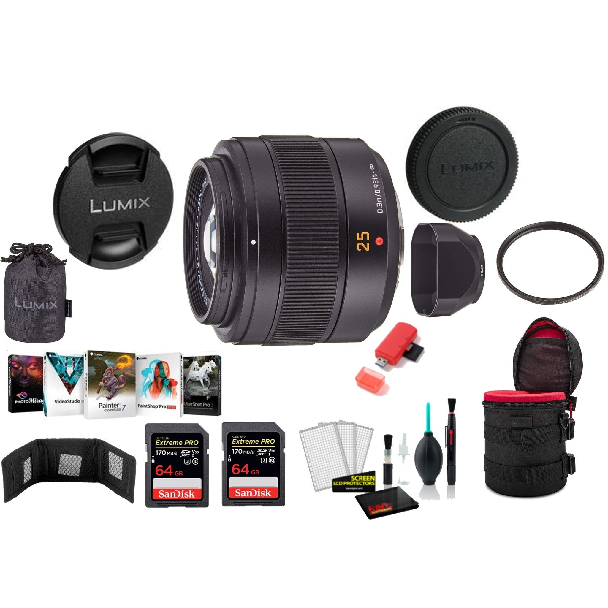 Panasonic Leica DG Summilux 25mm f/1.4 II ASPH. Lens with 2x 64 Memory Cards and More International Model