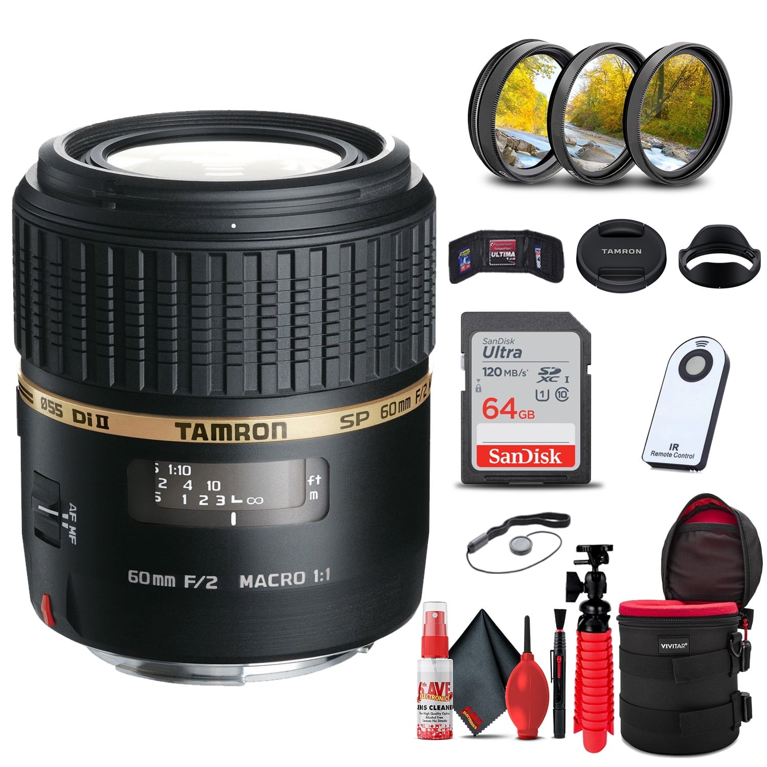 Tamron SP 60mm f/2 Di II 1:1 Macro Lens for Sony A + 64GB Accessory Bundle