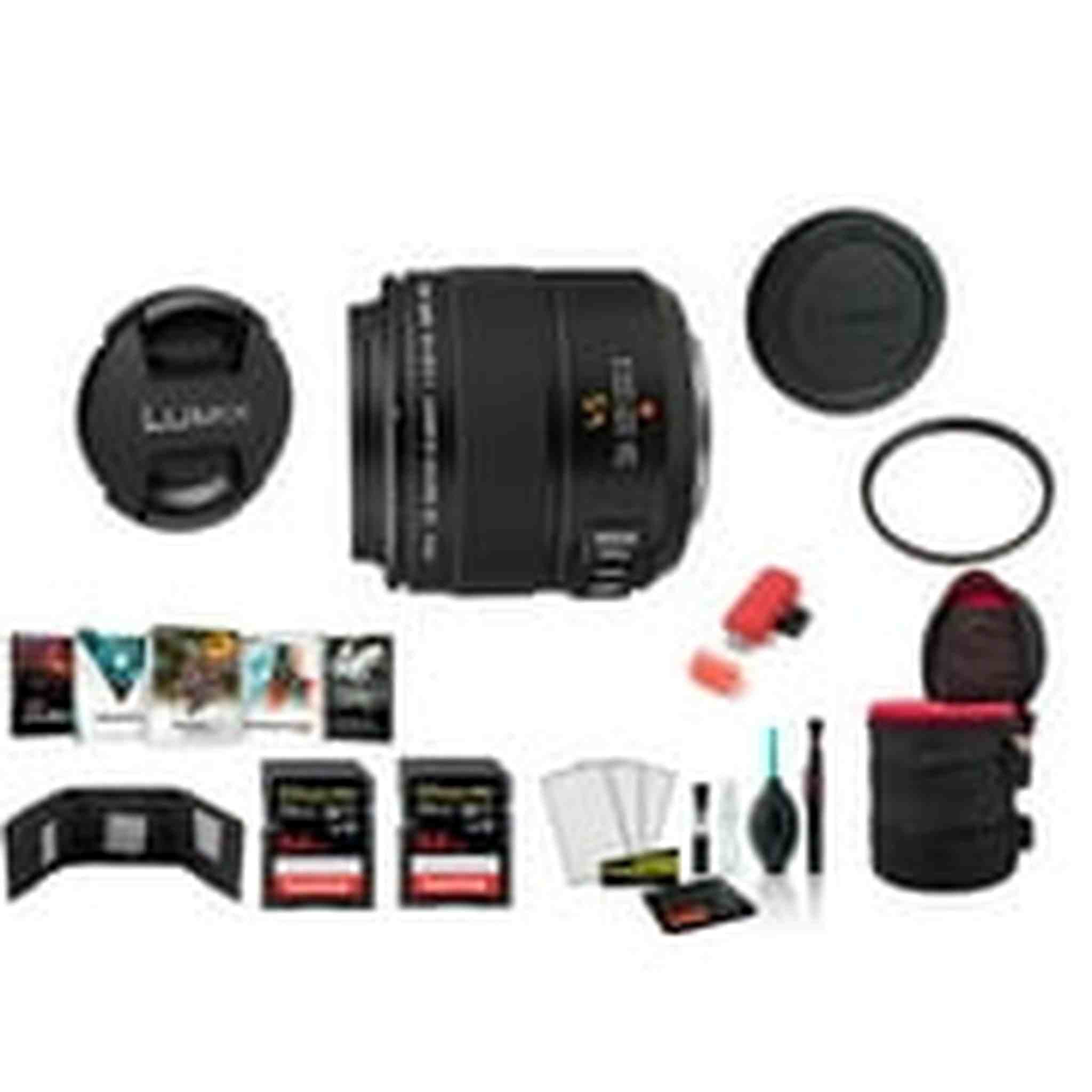 Panasonic Leica DG Macro-Elmarit 45mm f/2.8 ASPH. MEGA O.I.S. Lens with 2x 64 Memory Cards International Model