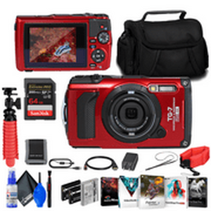 OM SYSTEM Tough TG-7 Red Waterproof Camera, With 2 Extra Batteries + 64GB Card + More OM SYSTEM