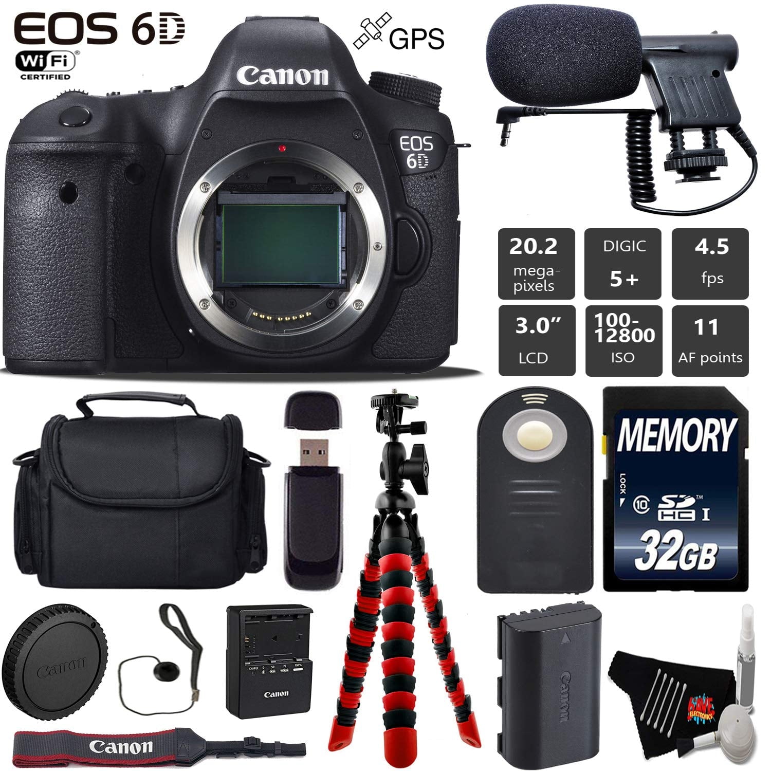 Canon EOS 6D DSLR Camera Body Only + Wireless Remote + Condenser Microphone + Case + Wrist Strap + Tripod + Card Reade