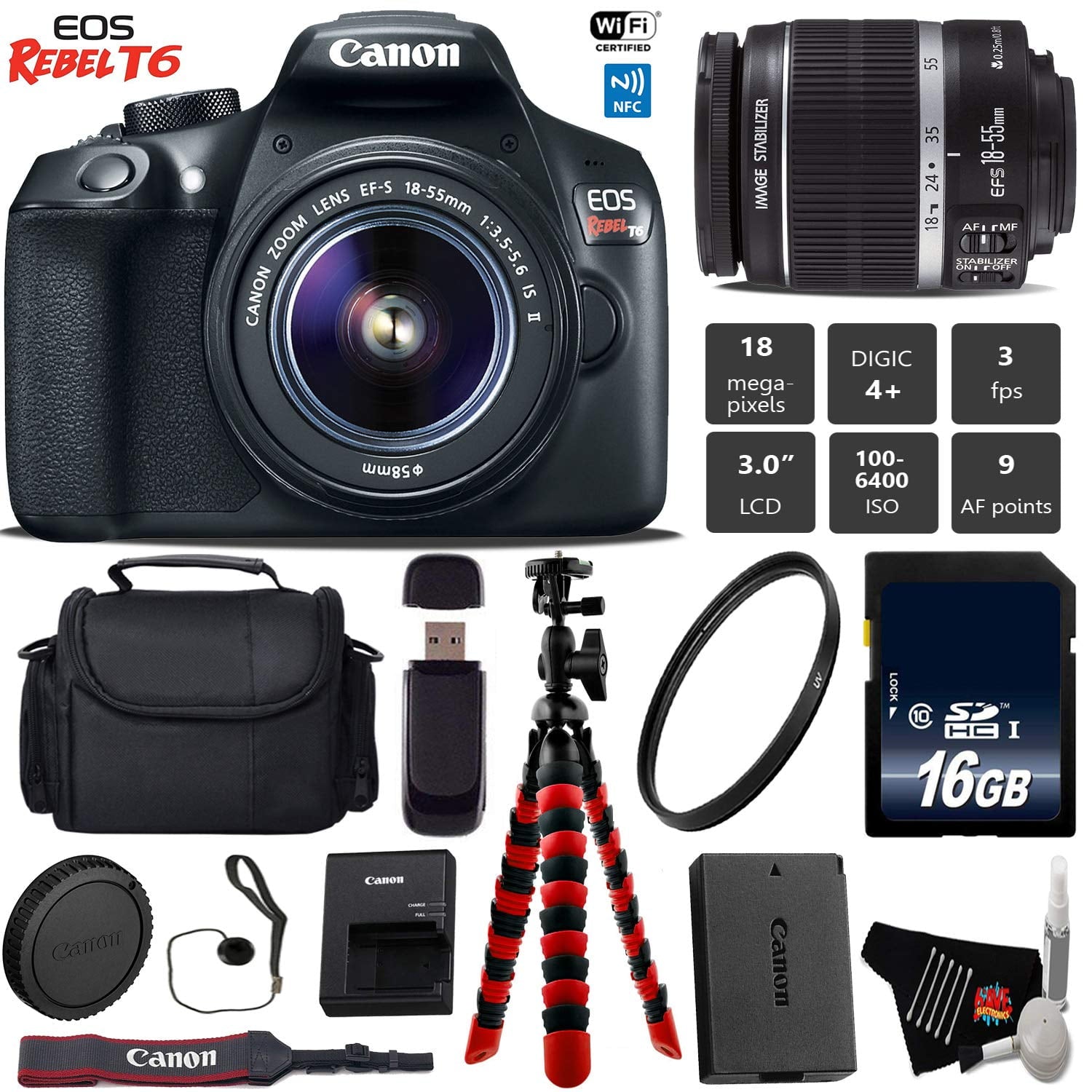 Canon EOS Rebel T6 DSLR Camera 18-55mm is II Lens + Flexible Tripod + UV Protection Filter + Professional Case Base Bundle