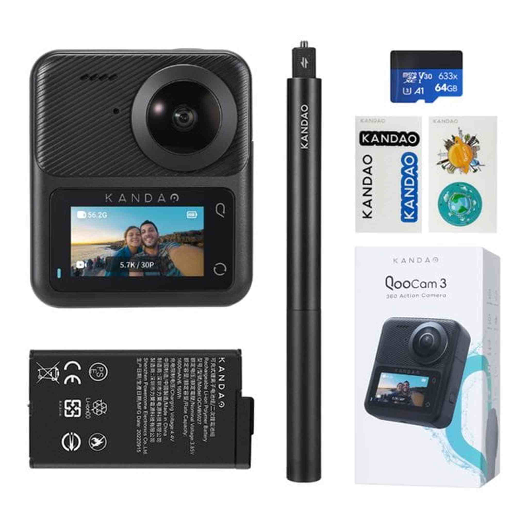 KanDao QooCam 3 360 Action Camera, 5.7K 62MP 360 Sports Camera, Dual 1/1.55" Sensors Larger Aperture Camera, 60fps Flawless Video Camera, Outdoor Stabilization Waterproof Night Shot, Travel Combo KanDao