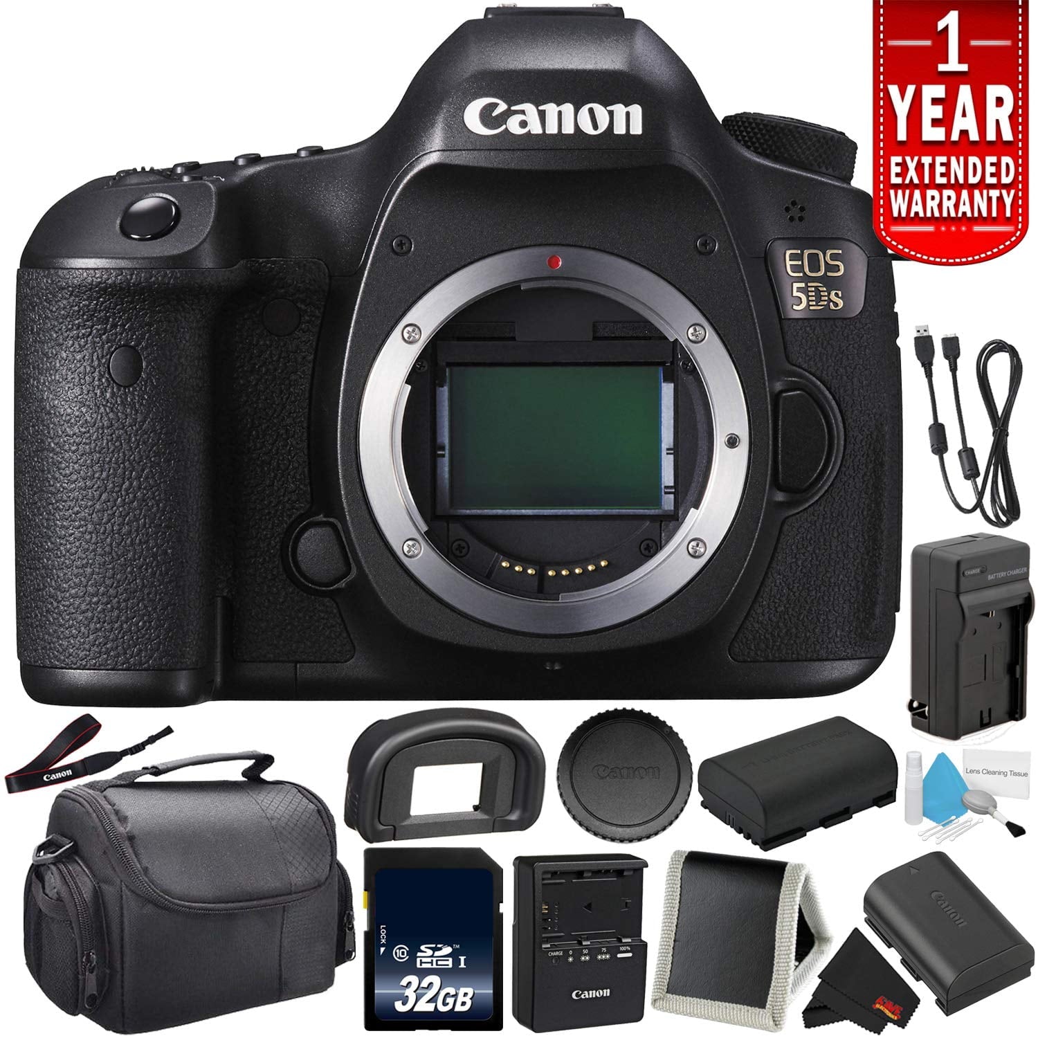 Canon EOS 5DS Digital SLR Camera 0581C002 (Body Only)- Bundle with 32GB Memory Card + Spare Battery + More (Internationa Pro Bundle