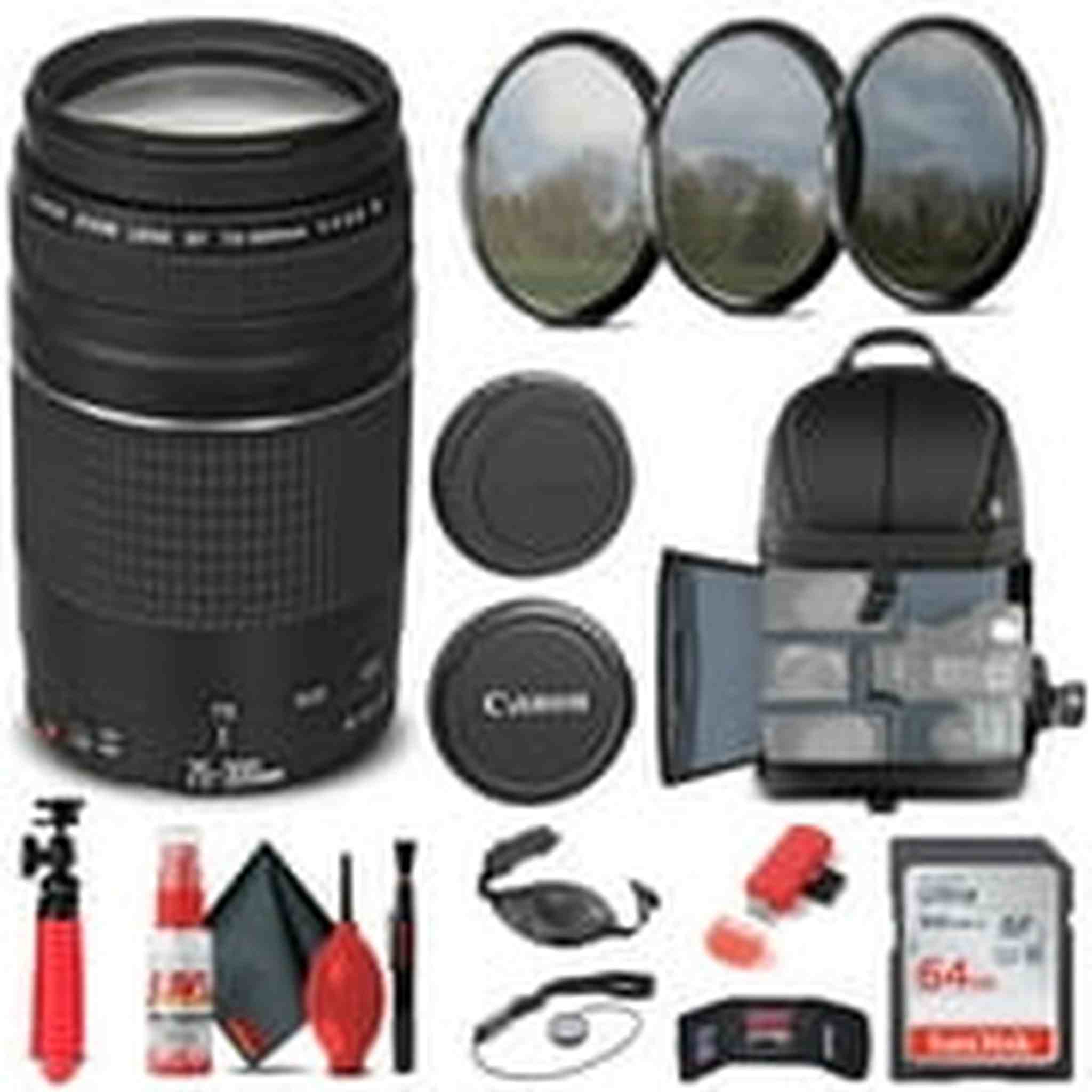 Canon EF 75-300mm f/4-5.6 III Lens 6473A003 + Filter Kit + BackPack + More