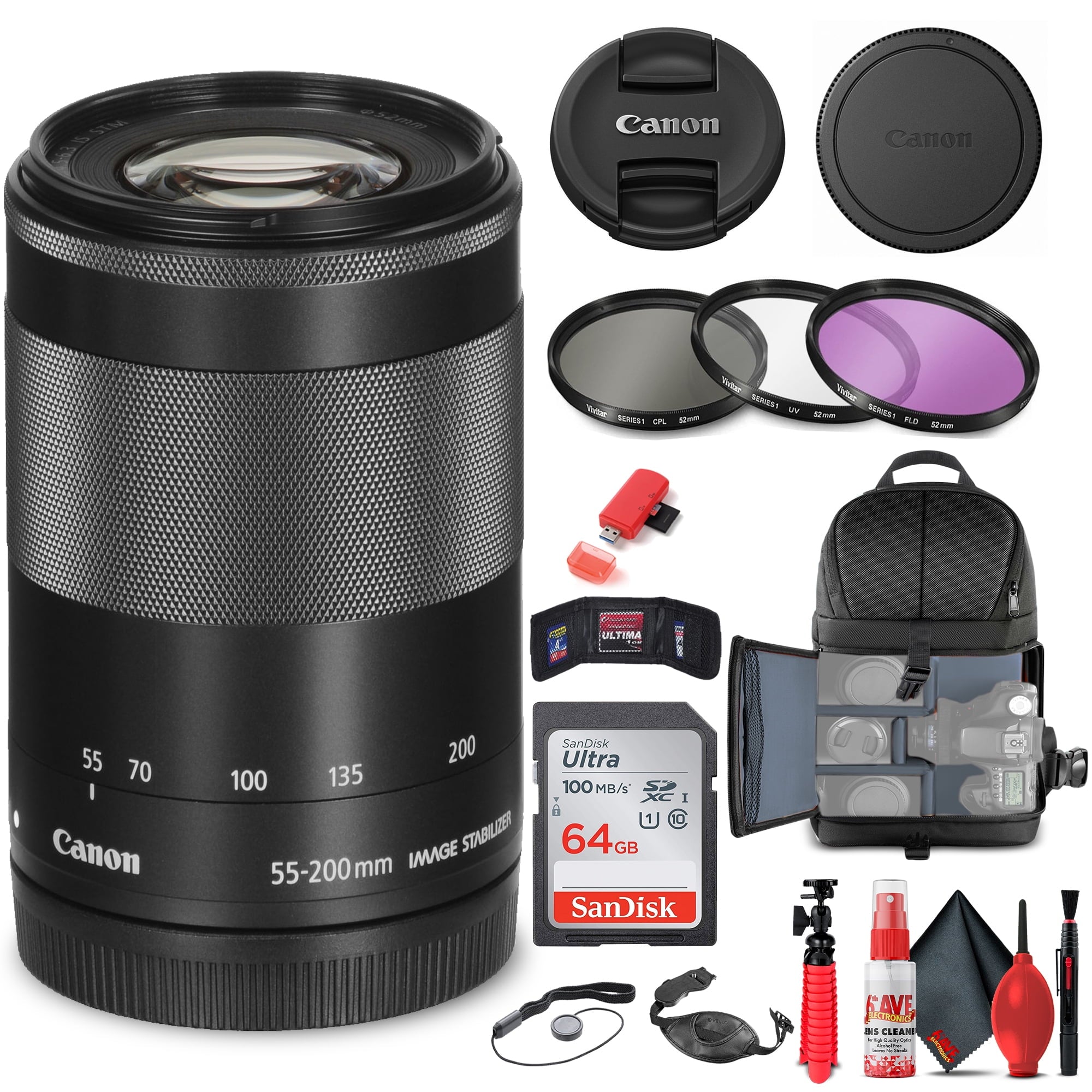 Canon EF-M 55-200mm f/4.5-6.3 IS STM Lens Black 9517B002 + Filter Kit + More