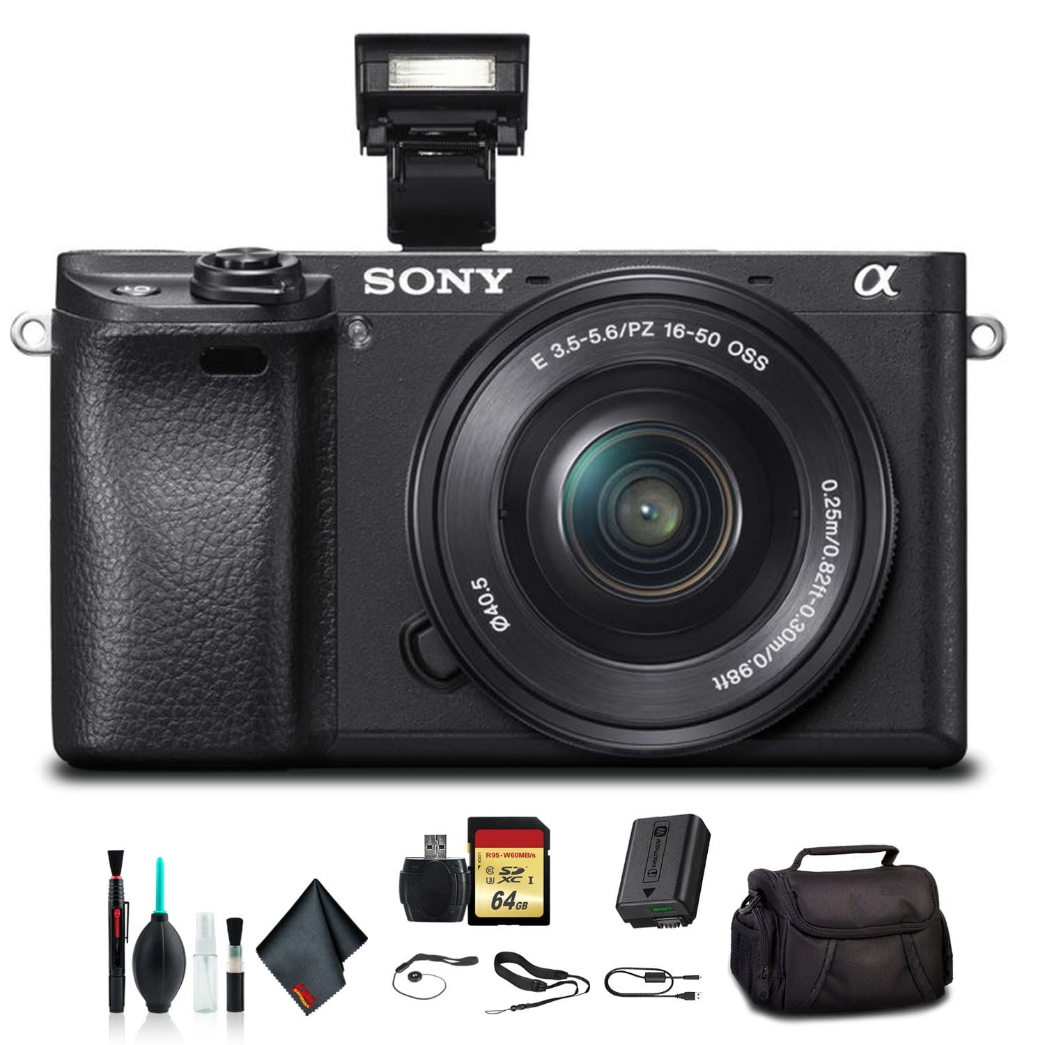 Sony Alpha a6300 Mirrorless Camera with 16-50mm Lens Black ILCE6300L/B With Soft Bag, 64GB Memory Card, Card Reader , Plus Essential Accessories