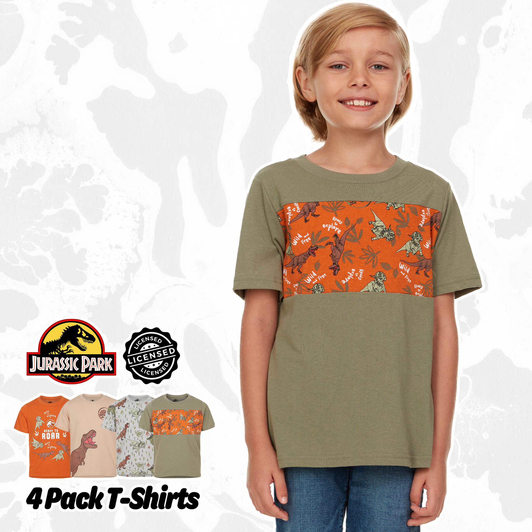 Jurassic World Park -Boys 4 Pack T-Shirt Graphic Short Sleeve Tee Size 7