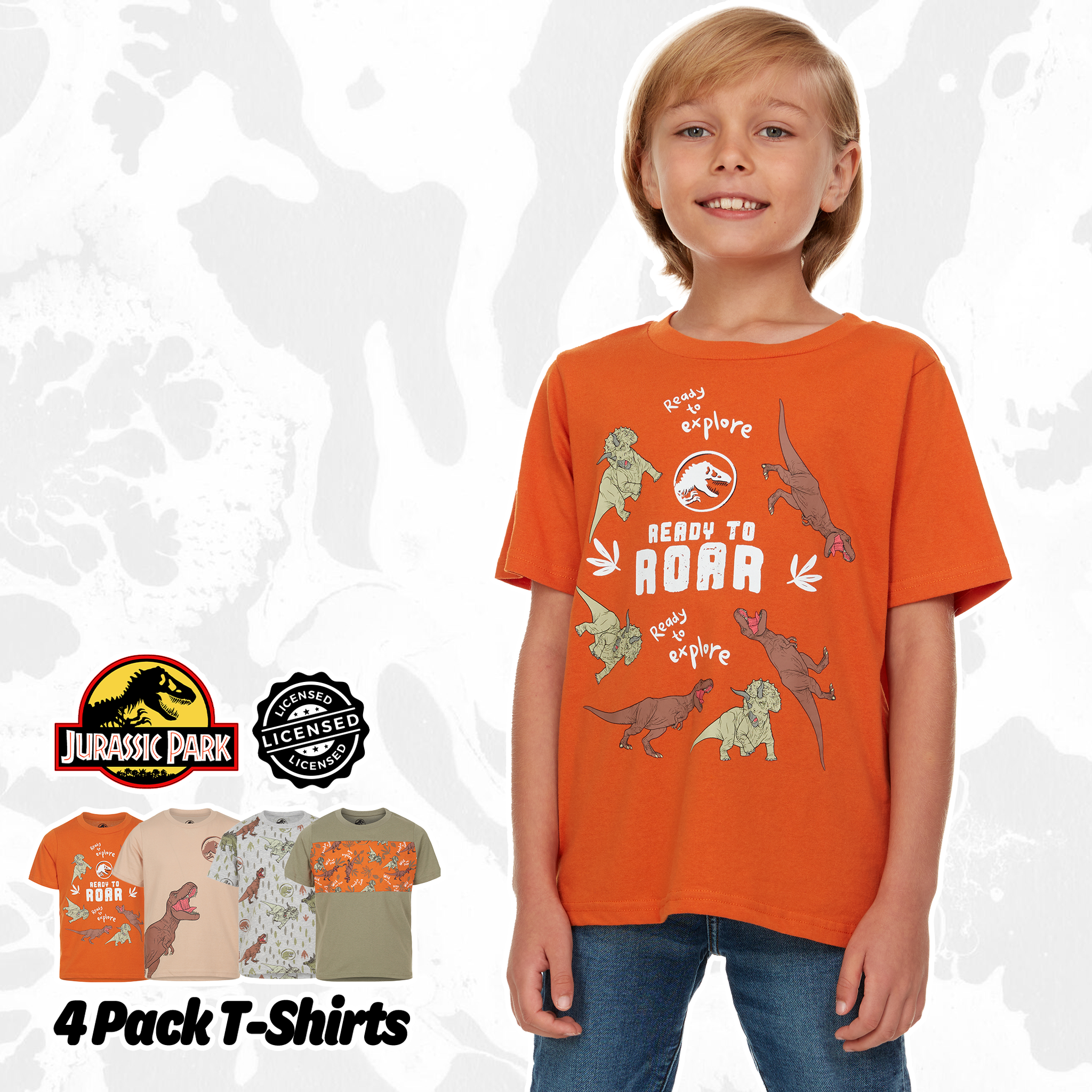 Jurassic World Park -Boys 4 Pack T-Shirt Graphic Short Sleeve Tee Size 6 UNIVERSAL