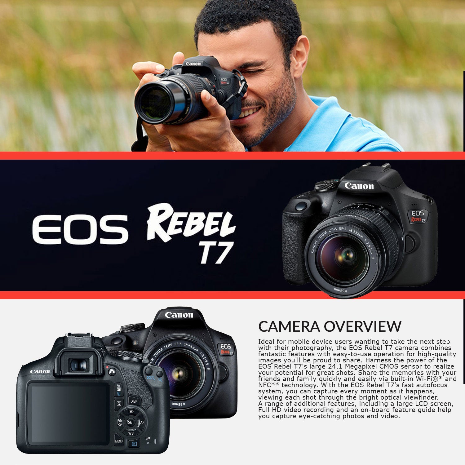 Canon Rebel 800d T7 Camera 50mm 75-300 EXT Bat - 64gb Kit 2yr