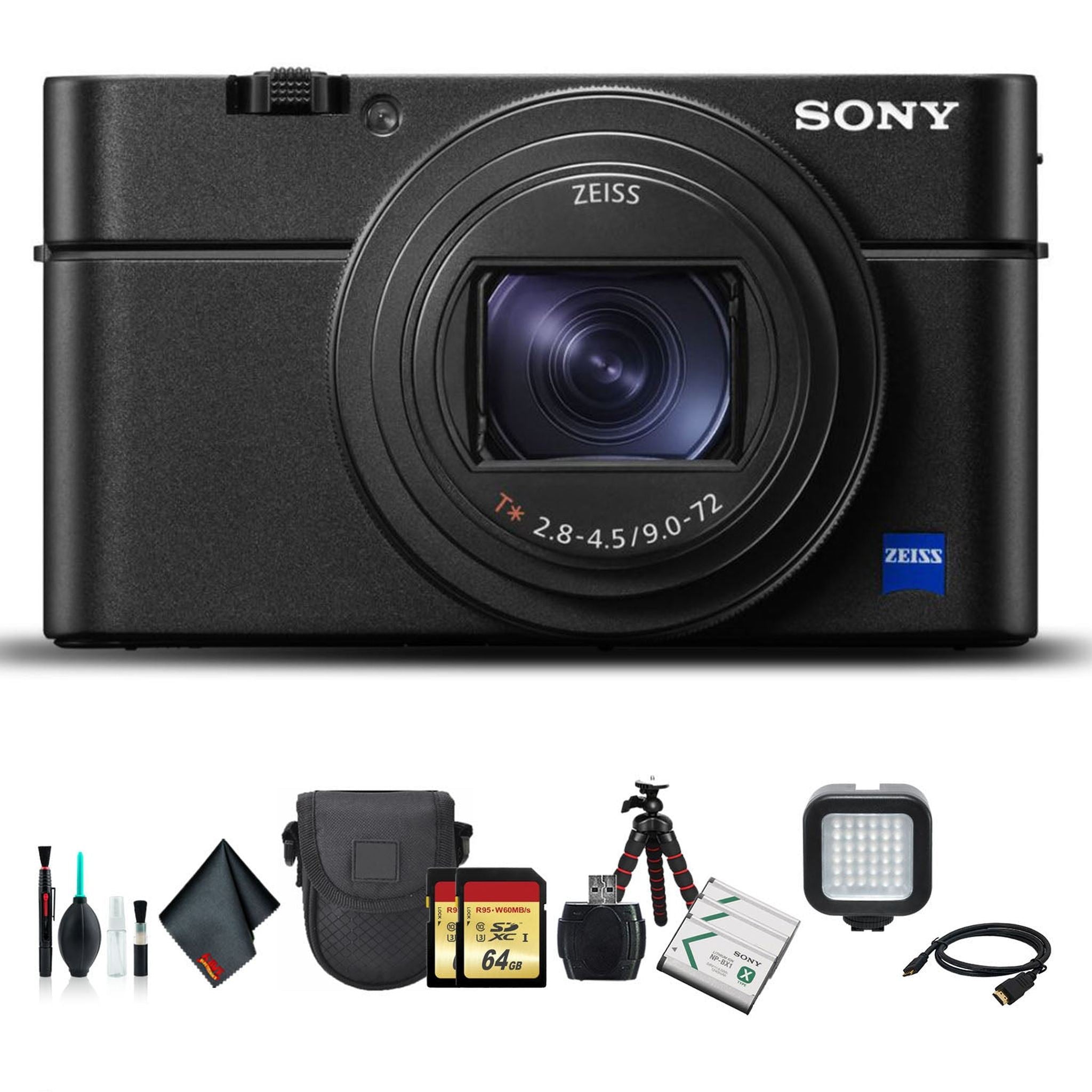 Sony Cyber-shot DSC-RX100 VI Camera DSCRX100M6/B With Soft Bag, Tripod, 2x Extra Batteries, LED Light, 2x 64GB Memory Card, Card Reader , Plus Sony