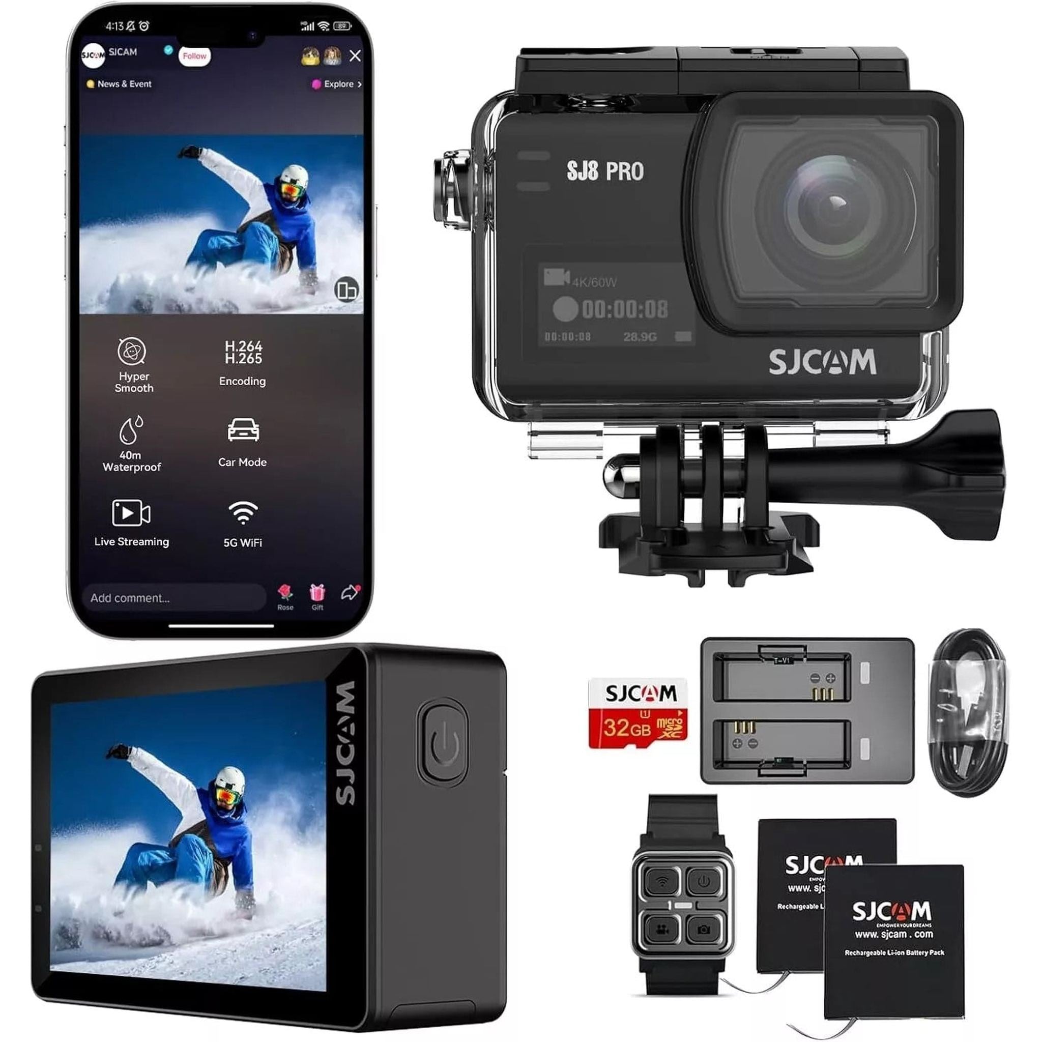 SJCAM SJ8 Pro Action Camera 4K 60fps Dual Screen WiFi 2.3 Inch Touch Rrear Screen with 170° Wide Angle EIS 8X Digital Zoom 98ft 30m Waterproof Camera Sports DV- Black SJCAM